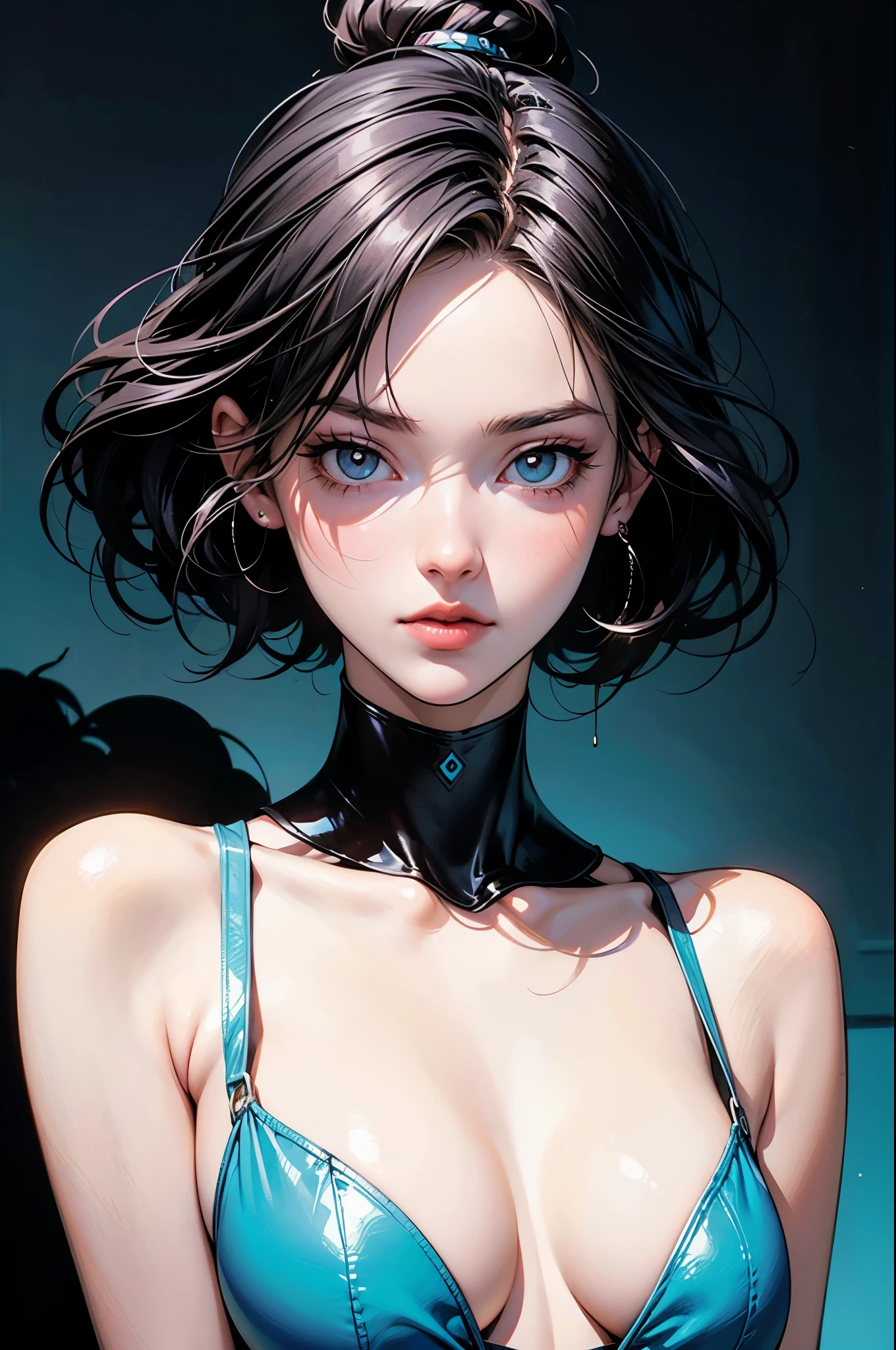 masterpiece, best quality, 1girl, 18yo, slim, a drawing of a woman with colorful hair, a digital painting, pixiv contest winner, serial art, pinup art, artgerm and genzoman, 90s comic book character design, sexy girl, colored sketch anime manga panel, turquoise hair, bright, watercolor