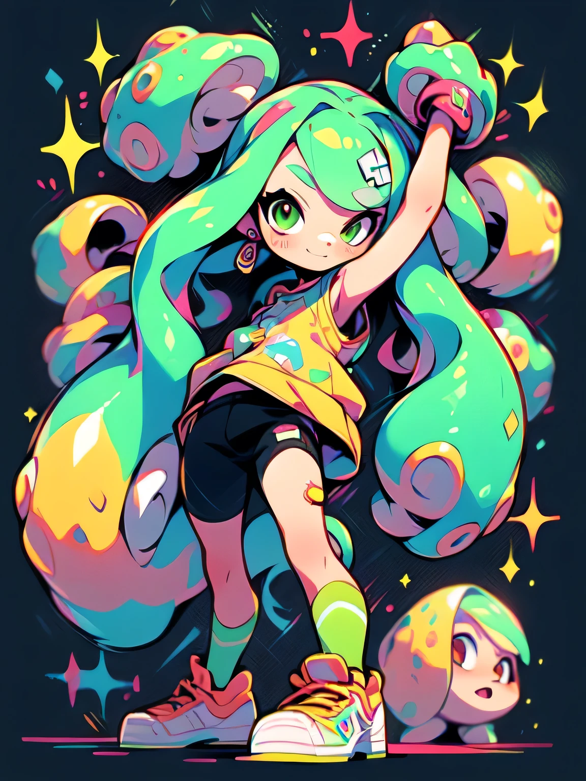 (front view),(leaning forword),(((chibi:1.3))),{{{{tentacles,tentacles tickle armpits action}}}},Alone,(green ponytail),forehead,cute face, camisole,miniskirt, knee-high socks, absolute domain,shiny smile,(Octopus legs get entangled a lot:1.3),((octopus legs background)),( manga style),(sketch),(illustration),