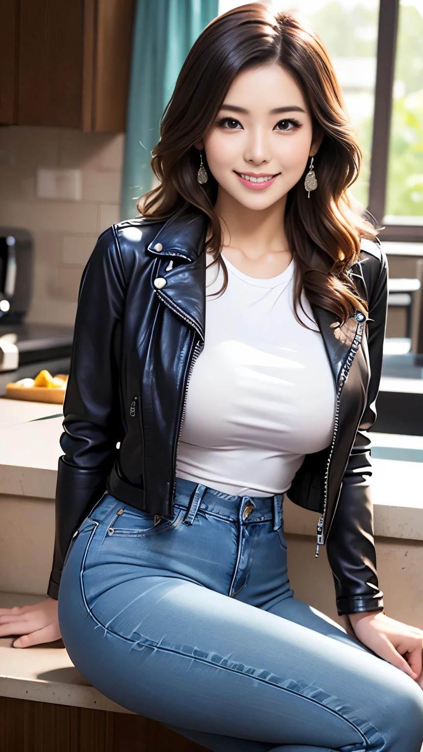 Best quality, table, 超High resolution, (Photorealistic:1.4), Beautiful women, blue leather jacket, red leather skirt , split,  Medium breasts, neck decoration, big butt, Slim waist, shiny skin, Seductive smile, hips, smiling,  pubic hair, густые pubic hair, длинные pubic hair, denim mini skirt, Brown hair