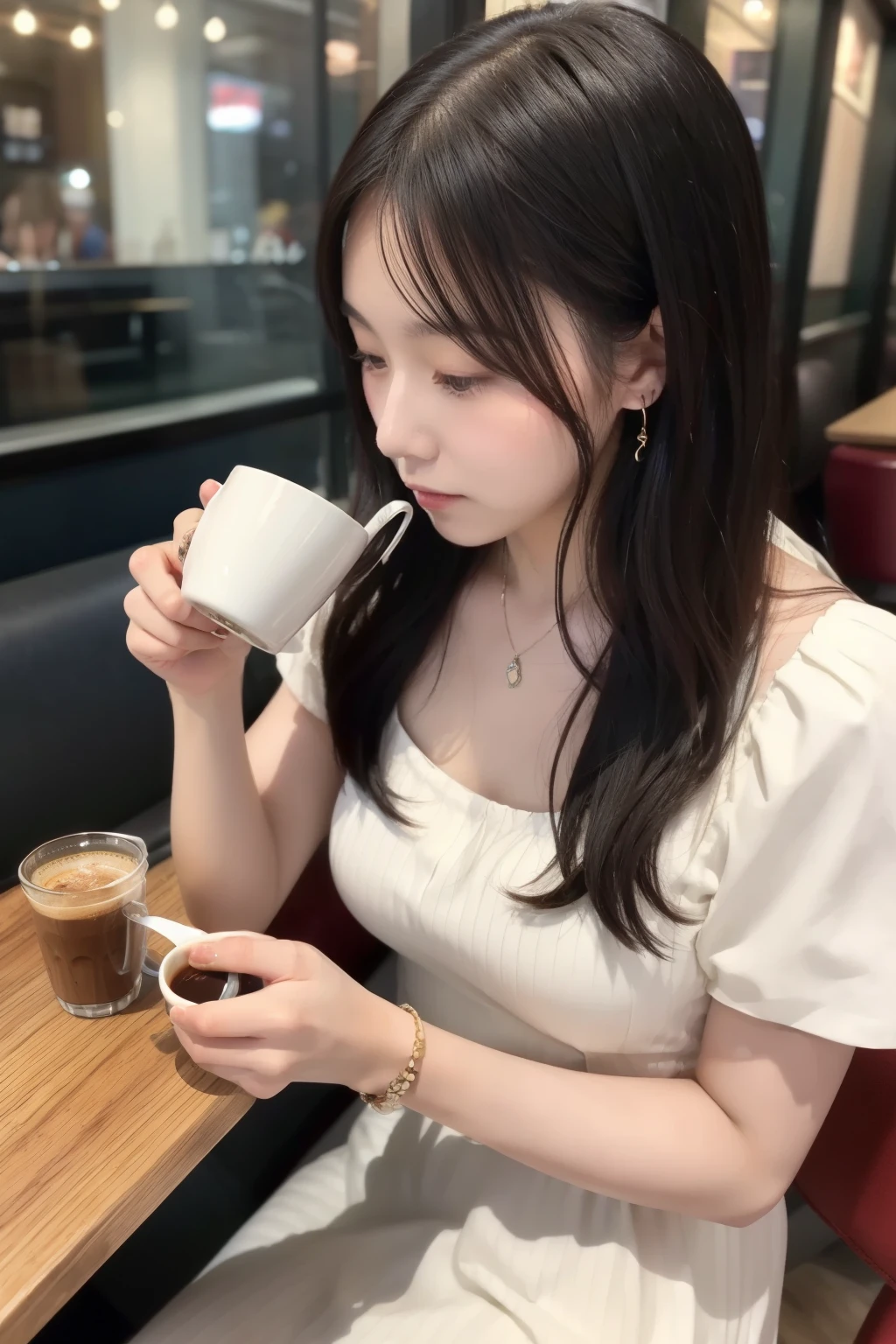 woman drinking coffee in a cafe、 wearing a white dress。 holding a mug in the left hand、The right hand holds a cell phone。