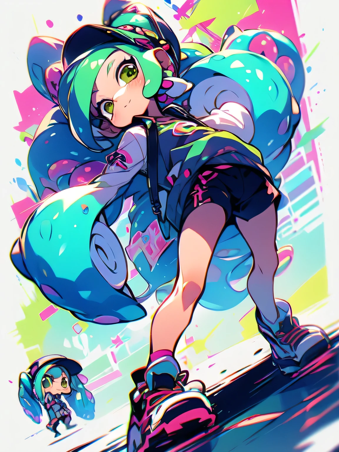(dutch angle),(leaning forword),(((chibi:1.3))),{{{{tentacles,tentacles tickle armpits running action}}}},Alone,(green ponytail),forehead,cute face, camisole,miniskirt, knee-high socks, absolute domain,shiny smile,(Octopus legs get entangled a lot:1.3),((octopus legs background)),( manga style),(sketch),(illustration),