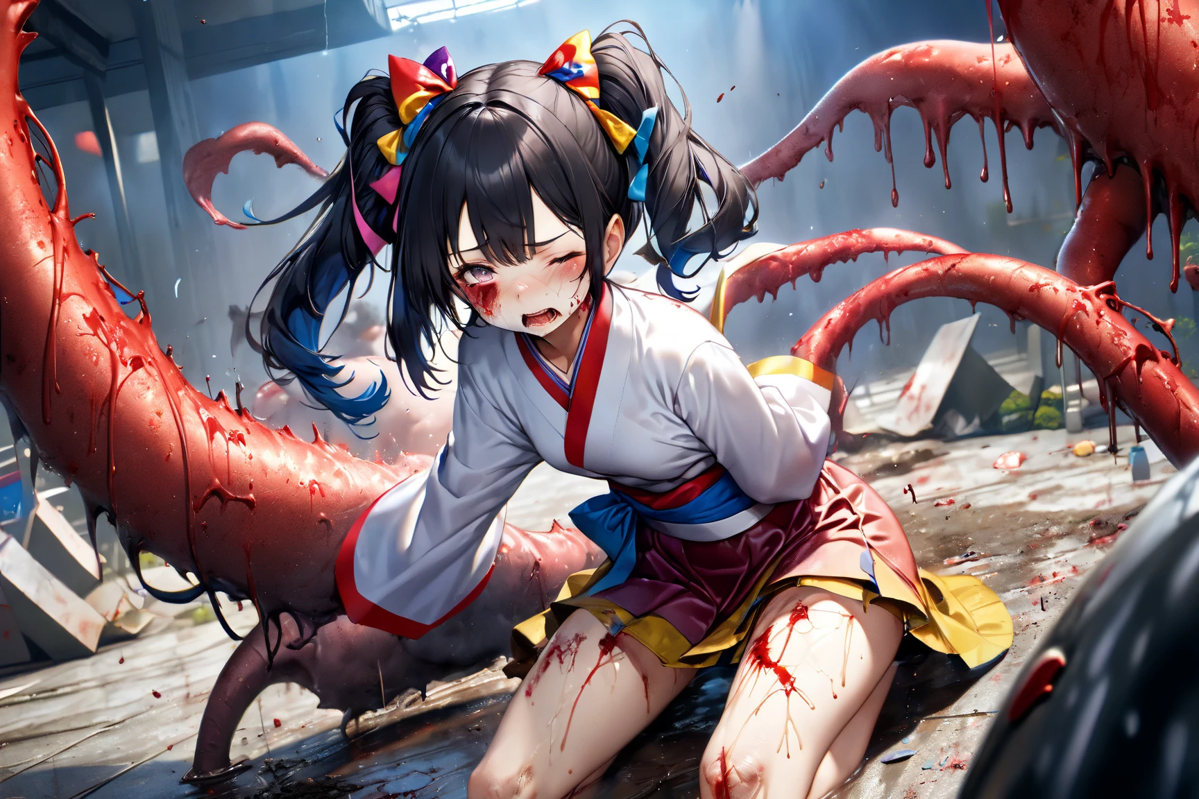 masterpiece, best quality, masterpiece,best quality,official art,extremely detailed CG unity 8k wallpaper, show foot,  girl, solo, kawaii, no_humans, medium hair, black hair, tentacle hair, saliva, blood on face, light blush, red eyes, blood from eyes, large breasts, hanging breasts, one breast out, seifuku, black pantyhose, uwabaki, tentacle, vore, bdsm, girl_on_top, sex, femdom, facesitting, pussy_juice, female_ejaculation, cum, zombie  girl ，one girl one boy，Girl infects man，Man under girl，Zombie girl，Blood on the face，Zombie girl感染人类，Zombie Lori