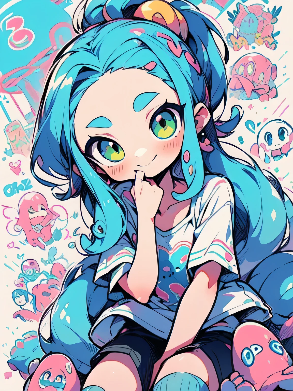 (dutch angle),(leaning forword),(((chibi:1.3))),(high speed running),Alone,(green ponytail),forehead,cute face, camisole,miniskirt, knee-high socks, absolute domain,shiny smile,(Octopus legs get entangled a lot:1.3),((octopus legs background)),( manga style),(sketch),(illustration),