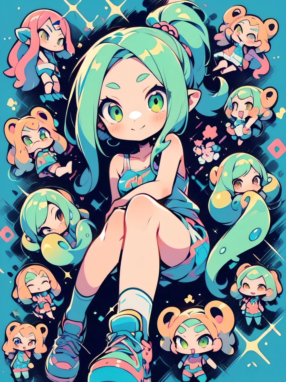 (dutch angle),(leaning forword),(((chibi:1.3))),(high speed running),Alone,(green ponytail),forehead,cute face, camisole,miniskirt, knee-high socks, absolute domain,shiny smile,(Octopus legs get entangled a lot:1.3),((octopus legs background)),( manga style),(sketch),(illustration),
