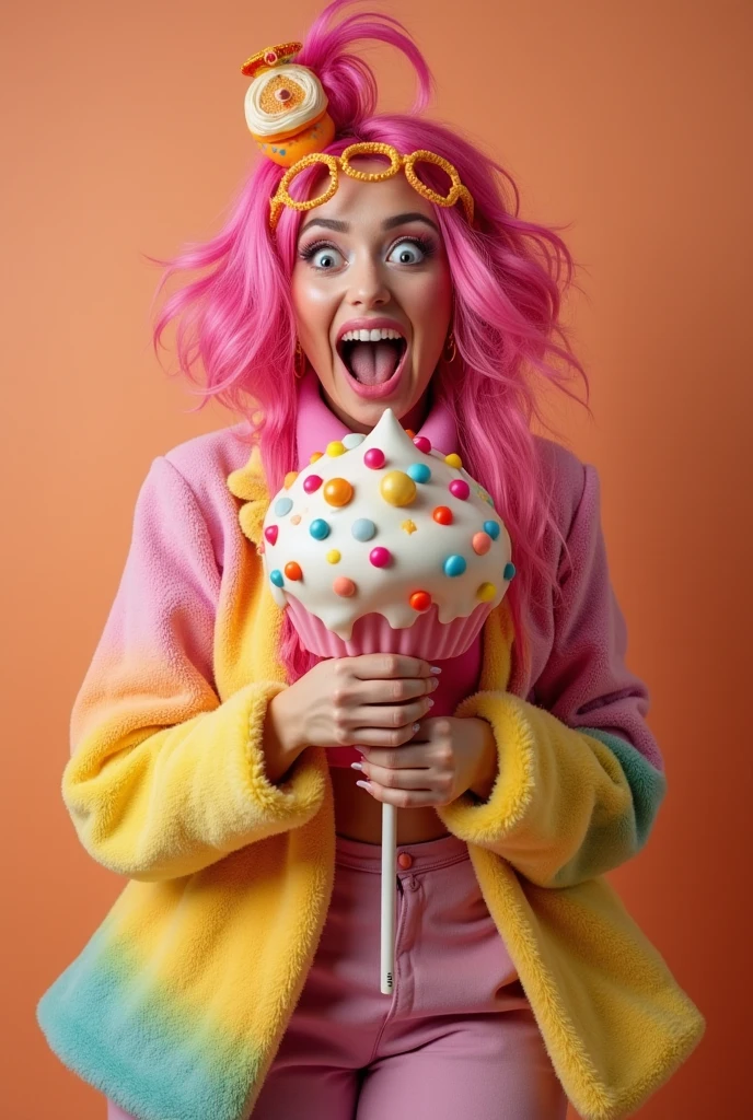 awesome, Beautiful, white younger teen, asian french laying on carpet, brightly smiling, blue afro hair,blue stylish spectacles, eating a pink yellow dotted lollipop,wearing translucent adorable underwear, big tits, biggest breast, deep cleavage, ((top down view)), wide angle, sexy hot aura