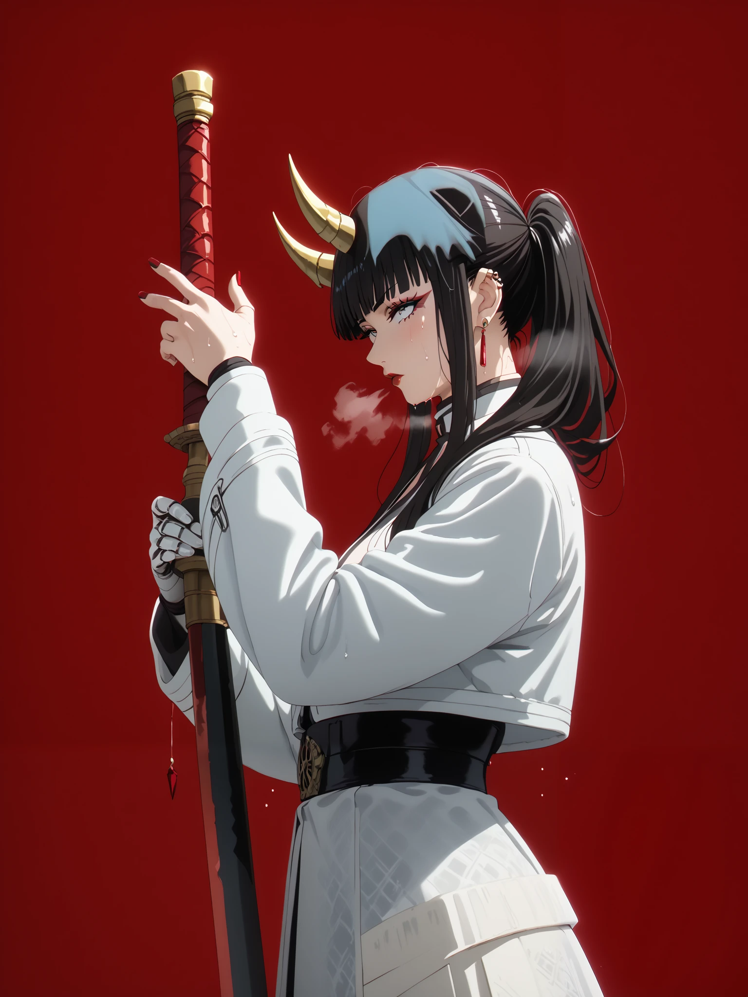 GotExpressCinematic, score_9, score_8_up, score_7_up, score_6_up, uncensored, senjumaru shutara, long hair, bangs, blunt bangs, black hair, sidelocks, black eyes, makeup, lipstick, red lipstick, large breasts, bright pupils, anime coloring, anime screencap, (voluptuous:1.3), (thick:1.3), BREAK UHD, retina, masterpiece, accurate, anatomically correct, textured skin, super detail, high details, high quality, award winning, best quality, highres, 4K, excessive sweating, sweating, sweating drop, (gasping, heavy breathing:1.3), (skindentation:1.2), perfect eyes, beautiful eyes, eyelashes, makeup, detailed body, perfect body, BREAK, 1girl, weapon, solo, sword, red_background, earrings, jewelry, horns, katana, holding_weapon, holding, oni_horns, simple_background, ear_piercing, sheath, holding_sword, oni, mechanical_arms, white_jacket, piercing, jacket, cyberpunk, profile, from_side, sheathed, looking_at_viewer, cyborg,
