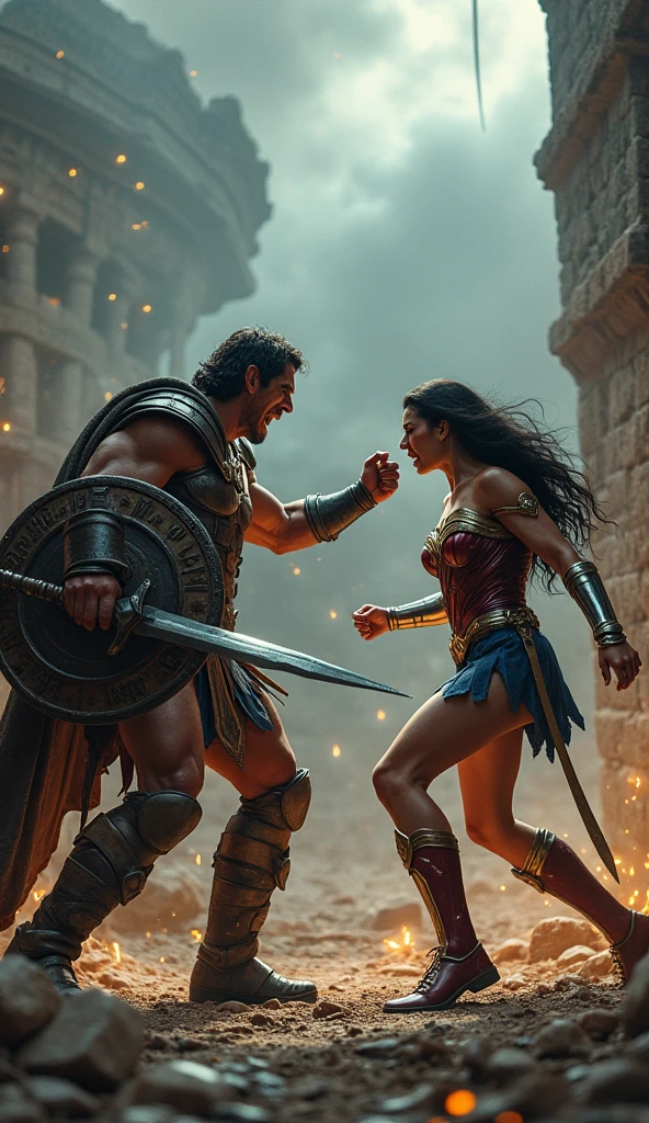 A beautiful and bright image of Cleopatra fight a young man and kill in battle 