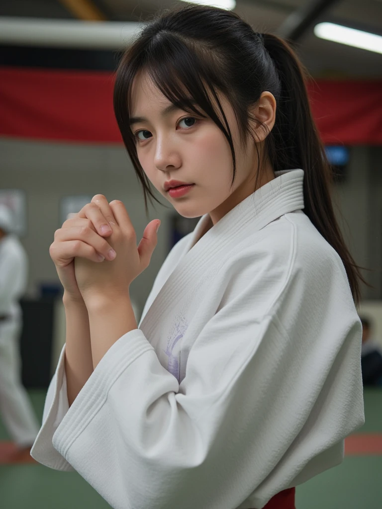 Best image quality,highest quality,masterpiece,4K,8k,highest quality,女性karate,in a karate道場 ring,  Chudan Gyakutsu pose, karate, Young Japanese Woman, Japanese Girls,karateのUniform,Black belt,karate大会、whole body、Big Breasts、Uniform