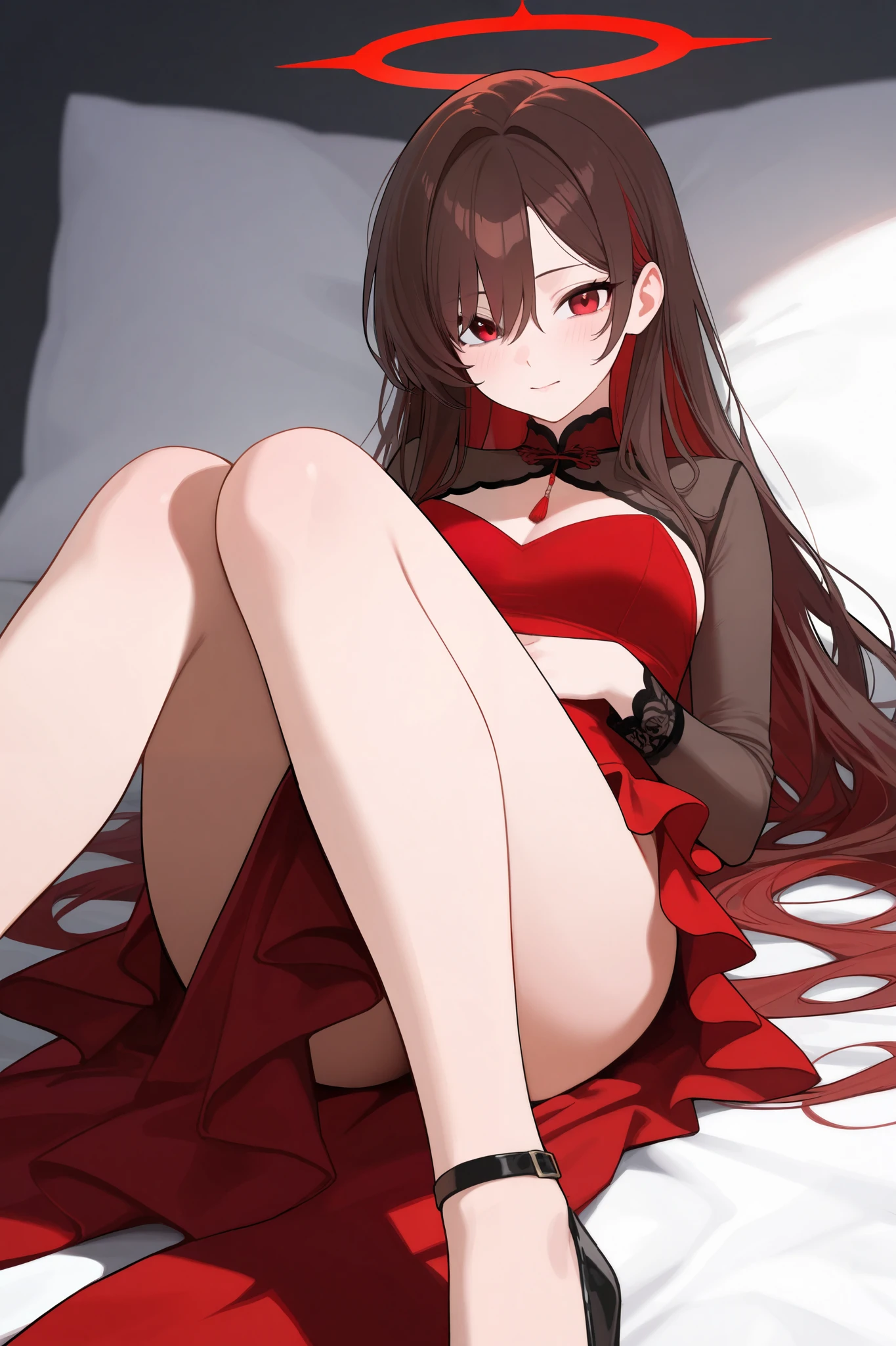 On the bed sat a girl lying in red lace lingerie, Black suspender stockings on both legs, E cup,,No coats,legs separated --auto