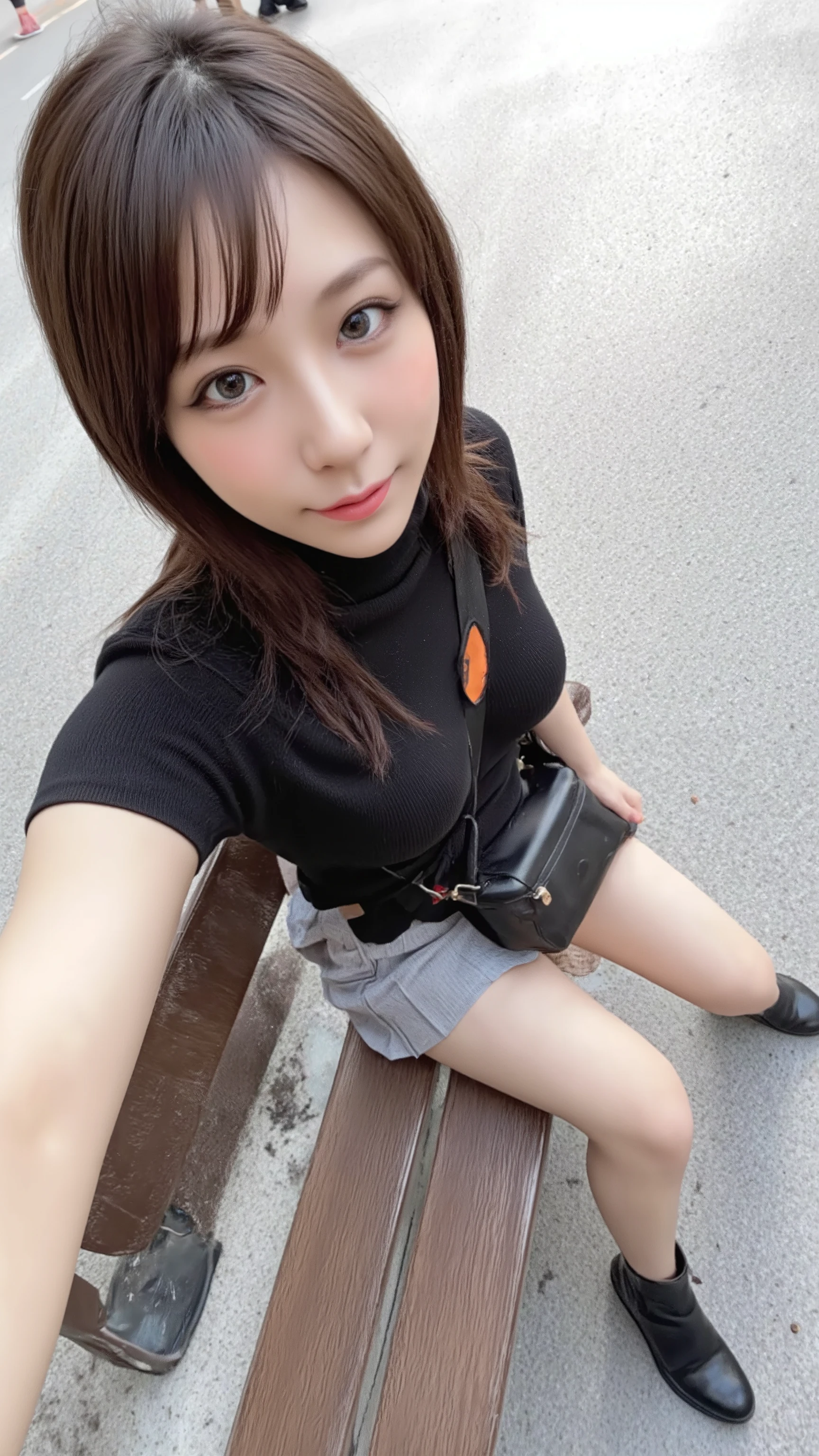 Smiling girl sitting on a bench on a street corner in Tokyo where many people come and go。 wearing a black turtleneck knit and a gray pleated mini skirt、 wearing black long boots。The girl with beautiful short black hair and clear white skin is looking at me with an upward gaze。I'm hanging my sports bag diagonally、Photorealistic image of the bag strap passing between the chest 、Large breasts are emphasized。Photorealistic image with a composition looking down at the whole body from above、(paisla:1.5)
