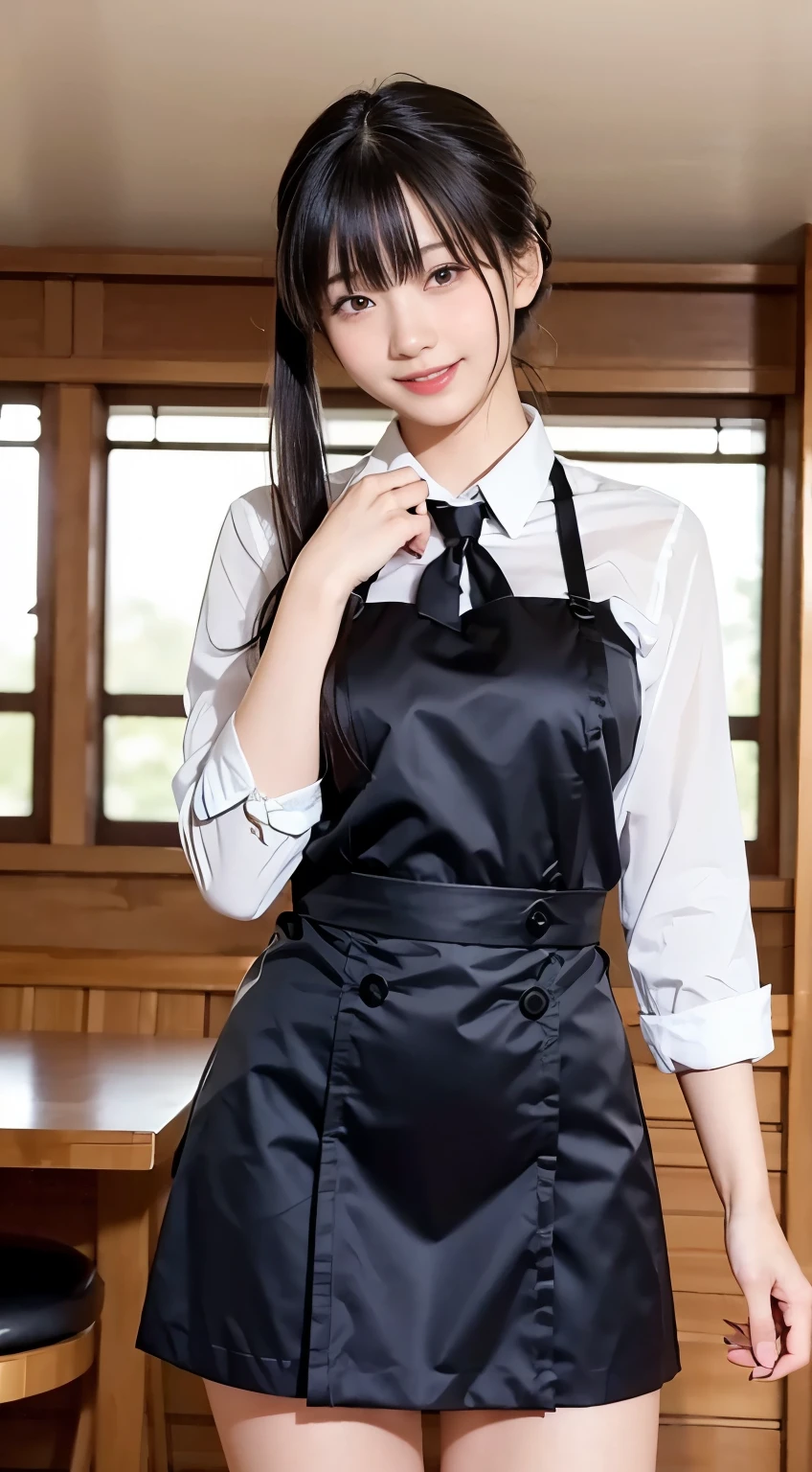(Highest quality,masterpiece:1.3,Ultra-high resolution,),(Very detailed,Caustics),(Realistic:1.4,RAW shooting,)Ultra-Realistic Capture,Very detailed,High resolution 16k human skin closeup。 Natural skin texture、,pores、、、、It must be detailed enough to be easily identifiable。 Skin tone is even and healthy looking。 Use natural light and color,restaurant,Waitress Uniform,1 girl,Japanese,18-year-old,cute,Black-haired,ponytail,Big Breasts,smile,Turn your body forward,(Front view:1.1),Looking into the camera,Cowboy Shot,