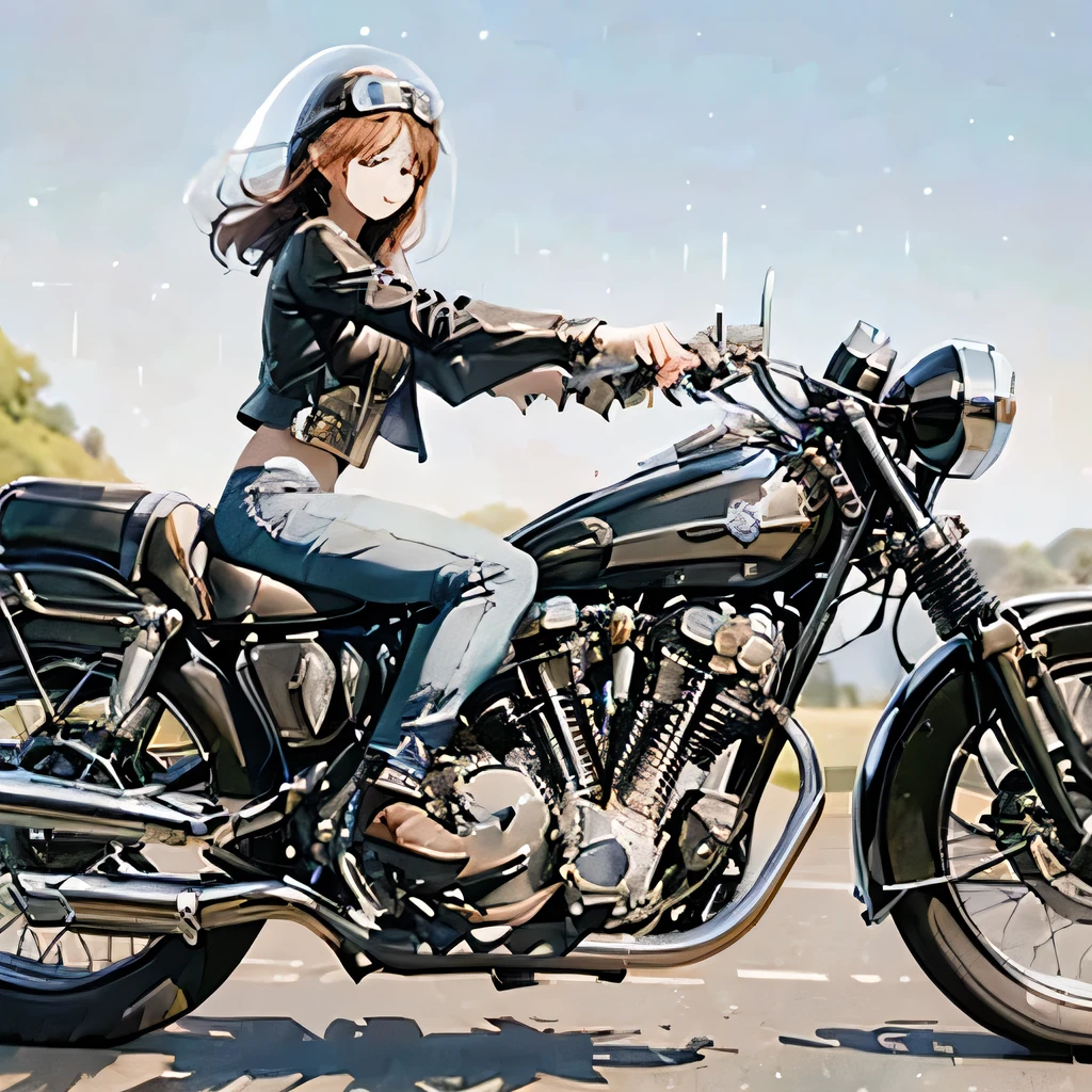 Bluff Superior SS100、(クラシックRiding on motorcycle )、(Vintage Bikes、Bluff Superior SS100)、Isle of Man Races、 (Riding on motorcycle:1.2), Beautiful young woman、18-year-old、Beautiful Face, Beautiful delicate eyes, Black Hair, Short Bob Hair, Classic Leather Jacket、Cromwell helmet with goggles、After the Rain、English countryside、 Detailed Description、(Highest quality, masterpiece, High resolution)、8k、wallpaper