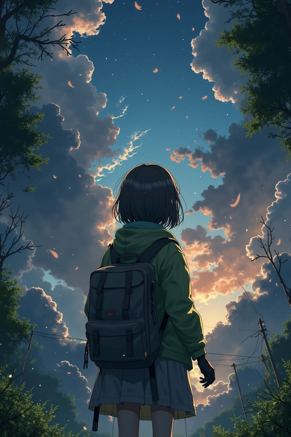 A girl with a backpack standing on green grass looking at sky, the sky full of beautiful stars, sunset timing, cameraman angle behind from her,