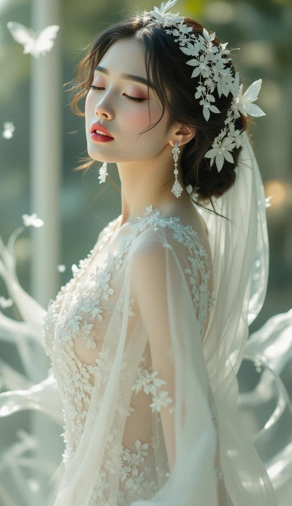 Beautiful Japanese Waifu, brunette hair, golden flowery jewelry on hair, face, neck, breasts