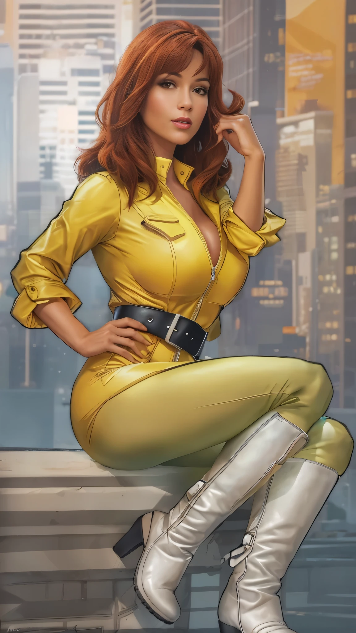The prompt for the sexy depiction of April O'Neil from the age Mutant Ninja Turtles should be as follows:
April O'Neil in a sultry pose, wearing a form-fitting yellow jumpsuit with a white belt and white boots. She has beautiful, detailed eyes and lips, with long eyelashes. Her hair is red and mid length. The medium is a realistic digital illustration or photograph with high resolution (best quality, 4k or 8k). The image should be ultra-detailed, capturing every aspect of her appearance. The color tone is vibrant, with vivid colors that enhance her attractiveness. The lighting is soft and glamorous, with a studio lighting style that brings out her features. The background complements her character, suggesting an urban setting or a cityscape with a touch of mystery. (((white belt and boots))) short hair