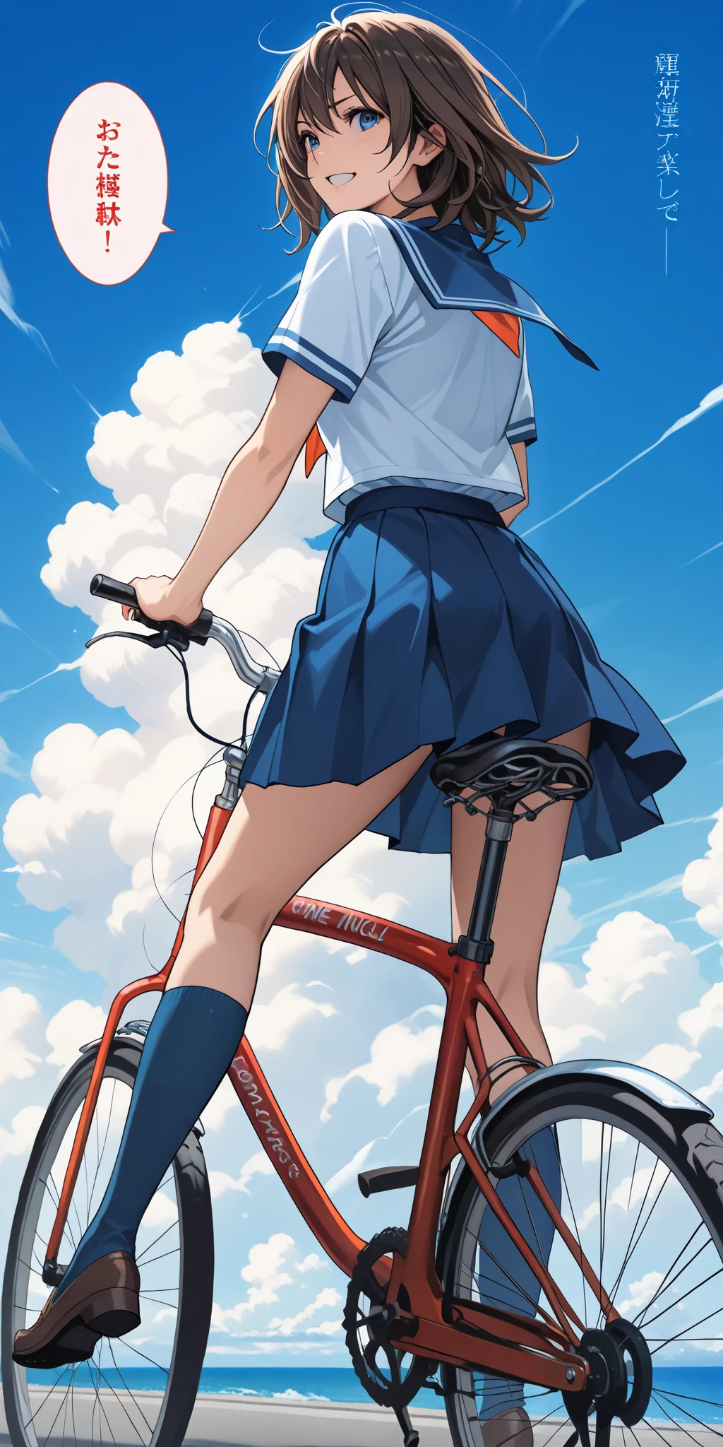 High writing precision, no crushed frames, high precision in the finish of each and every frame, Makoto Shinkai art style, a high school girl in a sailor uniform riding a bicycle up a hill, a summer afternoon, a slope in a port town, the sea is visible, smoke rising beyond the distant mountains, cumulonimbus clouds on a summer day, manga style screen composition, speech bubbles with text, manga with text in Japanese only.