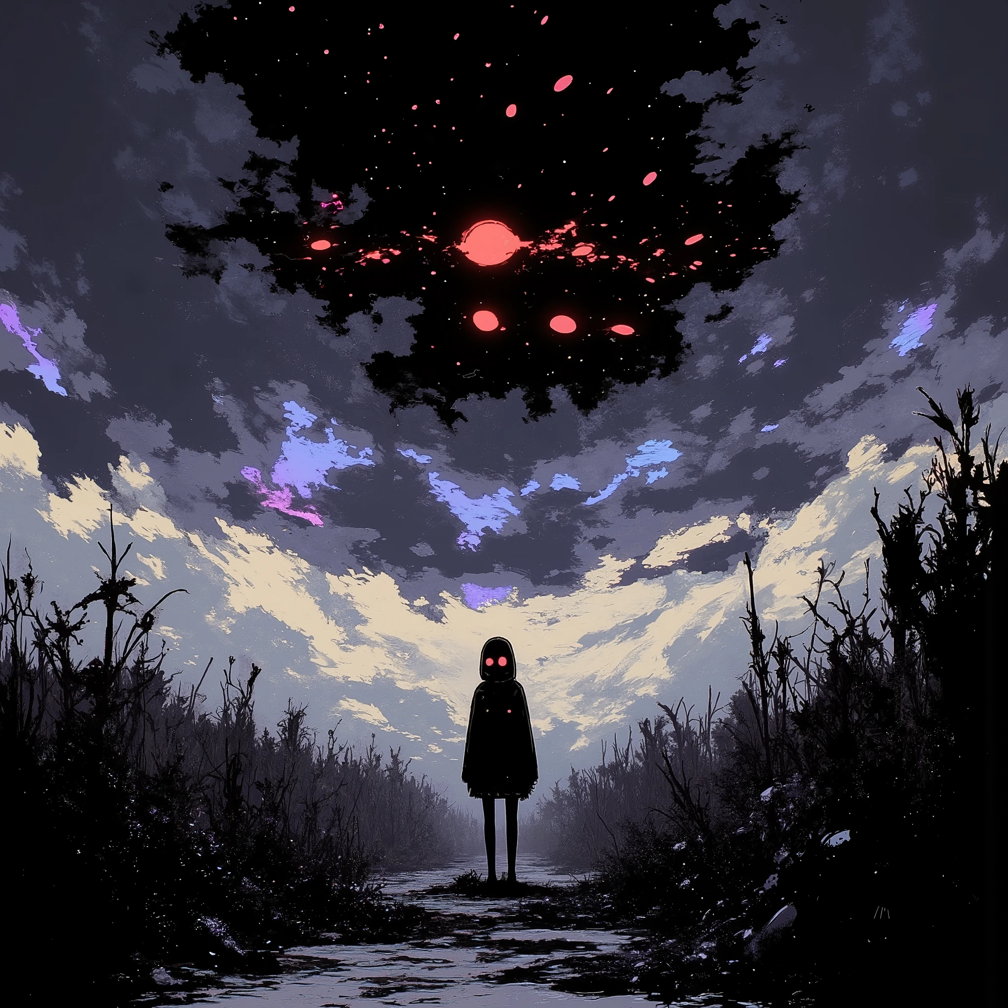   manga style digital illustration:1.5, broken sky  ,  Dramatic sky ,   Apocalyptic sky   ,  Конец lightа , Dark Clouds,  dramatic lighting,    creepy atmosphere   ,  movie, Dull color , sullen,  Dark, atmosphere ,  Complex cloud shapes  ,   textured clouds   , light,    surround lighting  ,   realistic, photo  realistic,  very detailed , 8 k,  masterpiece,  one girl standing in line alone 