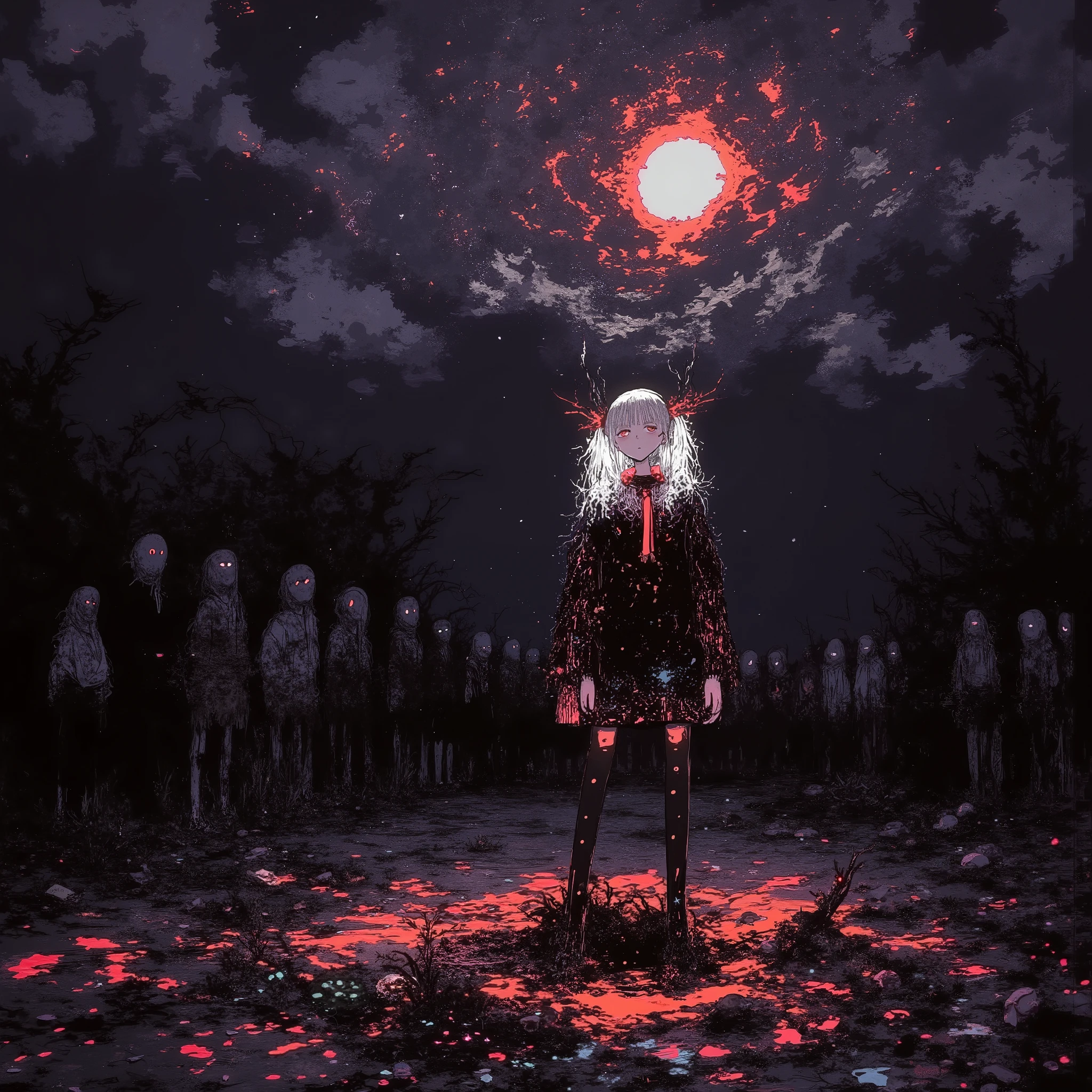   manga style digital illustration:1.5, broken sky  ,  Dramatic sky ,   Apocalyptic sky   ,  Конец lightа , Dark Clouds,  dramatic lighting,    creepy atmosphere   ,  movie, Dull color , sullen,  Dark, atmosphere ,  Complex cloud shapes  ,   textured clouds   , light,    surround lighting  ,   realistic, photo  realistic,  very detailed , 8 k,  masterpiece,  one girl standing in line alone 