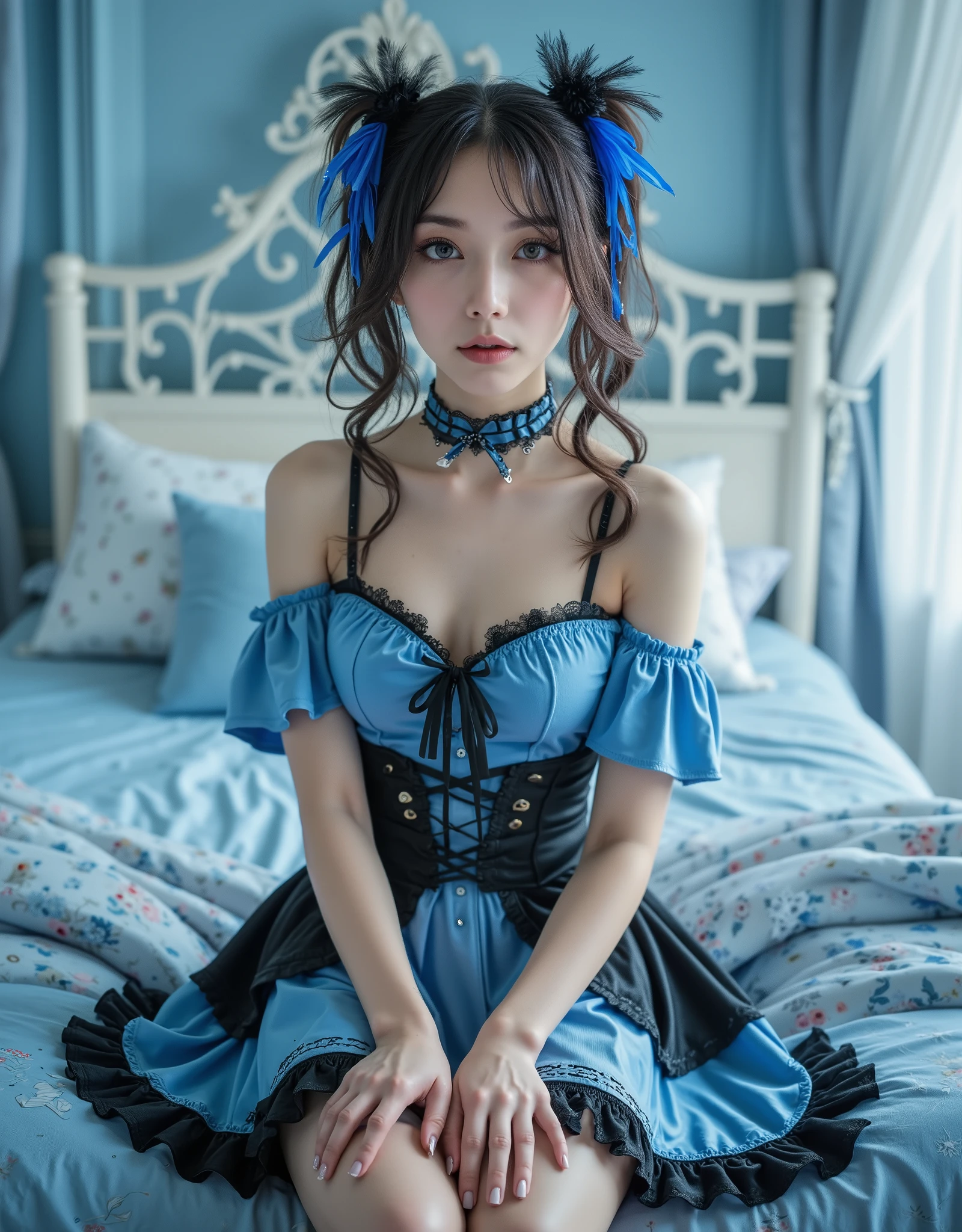 (Canon), (EOS R5), (50mm), ((( photorealistic:1.5))), (No lens flare :1.5), ((超 high resolution)), ( Masterpiece), accurate,( is presentな質感の肌), Super Detail, high detail, high quality , Award-winning work , 最 high quality, 32K, depth of coverage, digital camera, award-winning glamour photo , professional lighting,(SFW), ((最 high quality:1.5)), (( Masterpiece:1.5)), (( is present)), high resolution, is presentな影, Roughness, Real Life,(( very beautiful and cute single Japanese woman :1.5)), (( The cuteness of Japan's top idol )), ((Upper body shot seen obliquely from the front :1.5)), ( upper body shot seen from the side :1.2), (( upper body shot from head to knee :1.8)), (( cute 18-year-old Japanese high school girl )), 1 girl, (( very cute gothic lolita girl )), Beautiful and adorable bedroom , ( sitting on a bed), are looking at this, ( curls that hang gracefully in blue and black double knot hair and blue ribbons), ((She is wearing a blue and black gothic lolita-style dress)), with lots of frills , Blue socks with black stripes that reach down to her thighs, There are times when a black leather short boo is placed next to the bed , dreamy and shy expression , Attractive cuteness , seductive pose holding hands, Height: 160cm, slim figure, beautiful shaped big bust , F Cup, cleavage of bust visible, (( very cute smile with little teeth visible :1.5)), ( alone:1.5), (Only one person in the bedroom), ( show your hands as little as possible ), ( brown eyes:1.9), ( Detailed depiction of extremely realistic skin ), (Highly detailed, realistic eyes:1.9), ( extremely beautiful long realistic eyelashes ), (Highly detailed, realistic eyebrows), (丸い brown eyes :1.8), ( beautiful catchlight on the eyes), (Realistic lips with moisture ), ( white realistic teeth neatly lined up ), ( Beautiful and Detailed Face :1.6), ( hourglass figure :1.6), (Wasp waist :1.5), ( Perfectly round and beautifully shaped bust :1.8), ( clearly contoured cheekbones :1.5), ( perfect style body :1.8), (Healthy body :1.8), (Narrow shoulders:1.9), ( is staring at the viewer), ( Seductive Gaze ), (Beautiful, natural-looking hands), (Beautiful light blue nails of a beautiful length), ( playful and curious posture ), light blue themed bedroom , (The entire room is light blue), Light blue wall, Light blue ceiling , Light blue floor, Her fluffy light blue bed is set on a blue pillow with floral patterns, Light blue bed sheets with floral patterns, Light blue curtains with floral patterns, light blue furniture , soft light blue lighting , ( Dreamy Cozy), fantasy style, Glow effect, Bright dynamic lighting ,