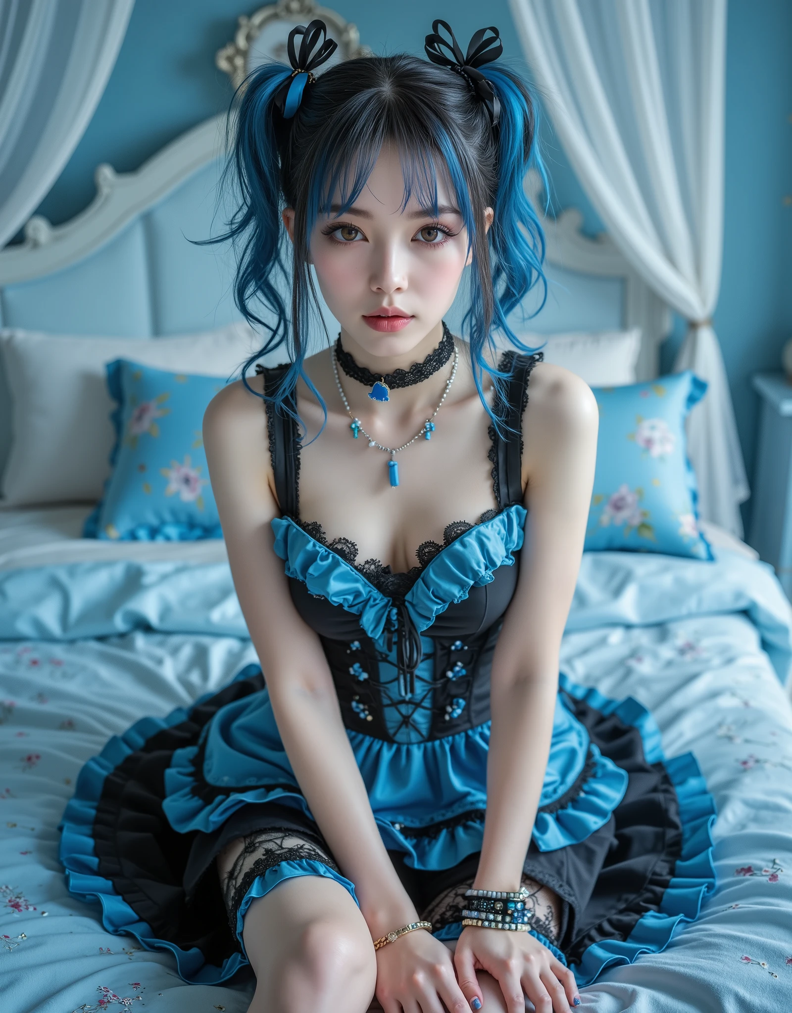 best quality, masterpiece, super high resolution, (realistic:1.4), original photo, 1girl, black bow, black gloves, black legs, blue eyes, ((blue hair)), bow, collarbone, dress, drilled hair, frilled dress, frilled trim, gloves, gwen\(League of Legends\), hair accessory, high resolution, league of legends, long hair, parted lips, fluffy sleeves, pink pupils, smile, solo, white dress, x, x hair ornament, delicate face, lying on bed, lying on the side