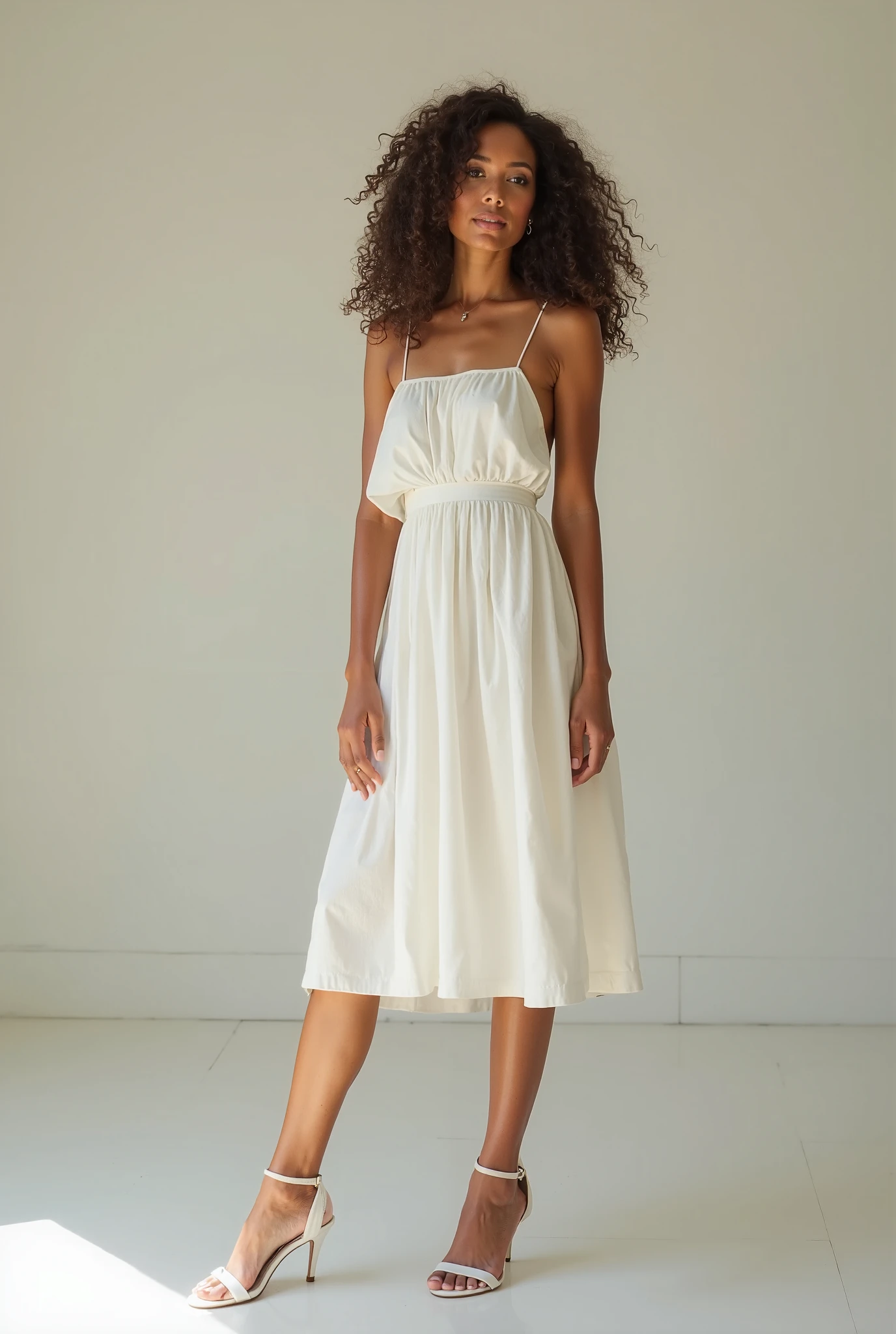 Beautiful spanish realistic look lady with textured clear fine skin, wearing a knee length white off which a line dress with strap hands, white heeled strappy shoes. Soft lighting. Editorial fashion shoot and fashion pose.