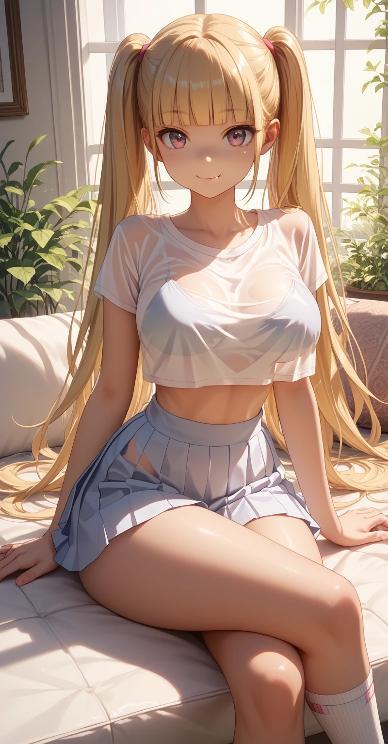 very cute girl、()、light yellow hair、Long Straight Hair、Bangs are too close to the eye、Light Blue Eye、(Normal human ear)、thin arms、Beautiful body、slim legs、large, well-shaped breasts,、clear white skin、smile、(Open-chested tank top、mini skirt、White and blue)、I know the shape of the nipples、(rose garden)、Super high quality、digital single lens reflex、