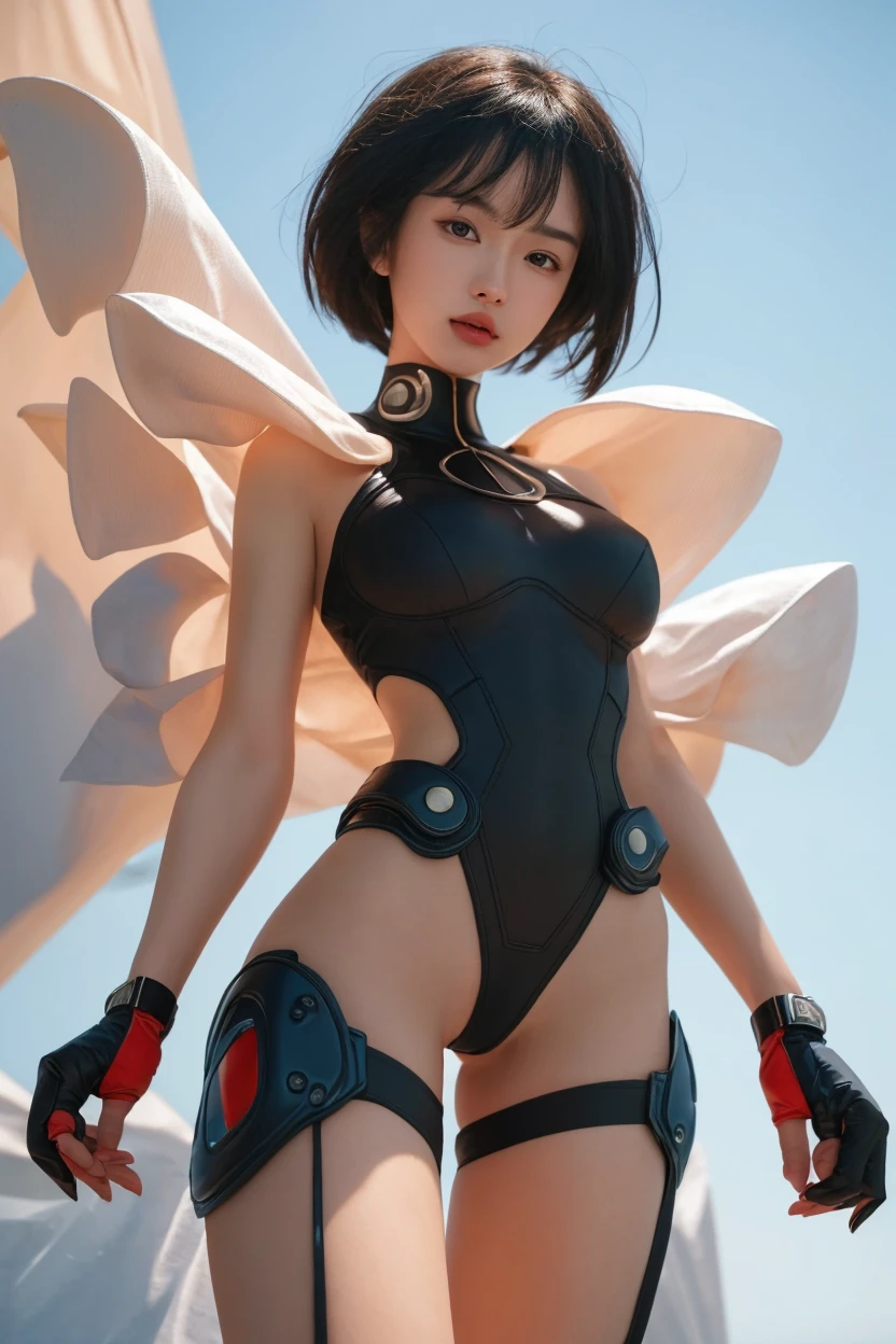 1girl, medium breasts, ((leotard, white and red leotard, sleeveless, bare legs)), ((tight belt, gold belt)), ((boots, matching boots, ankle boots, white boots)), ((gloves, white gloves)), city backdrop, tokyo city backdrop, solo, single, hands on hip, standing, ((full body shot)), cowboy shot, superhero, beautiful detailed eyes, mature lady, (gold star symbol on chest), (brown hair, short hair, bob hair, purple eyes), (perfect anatomy), masterpiece