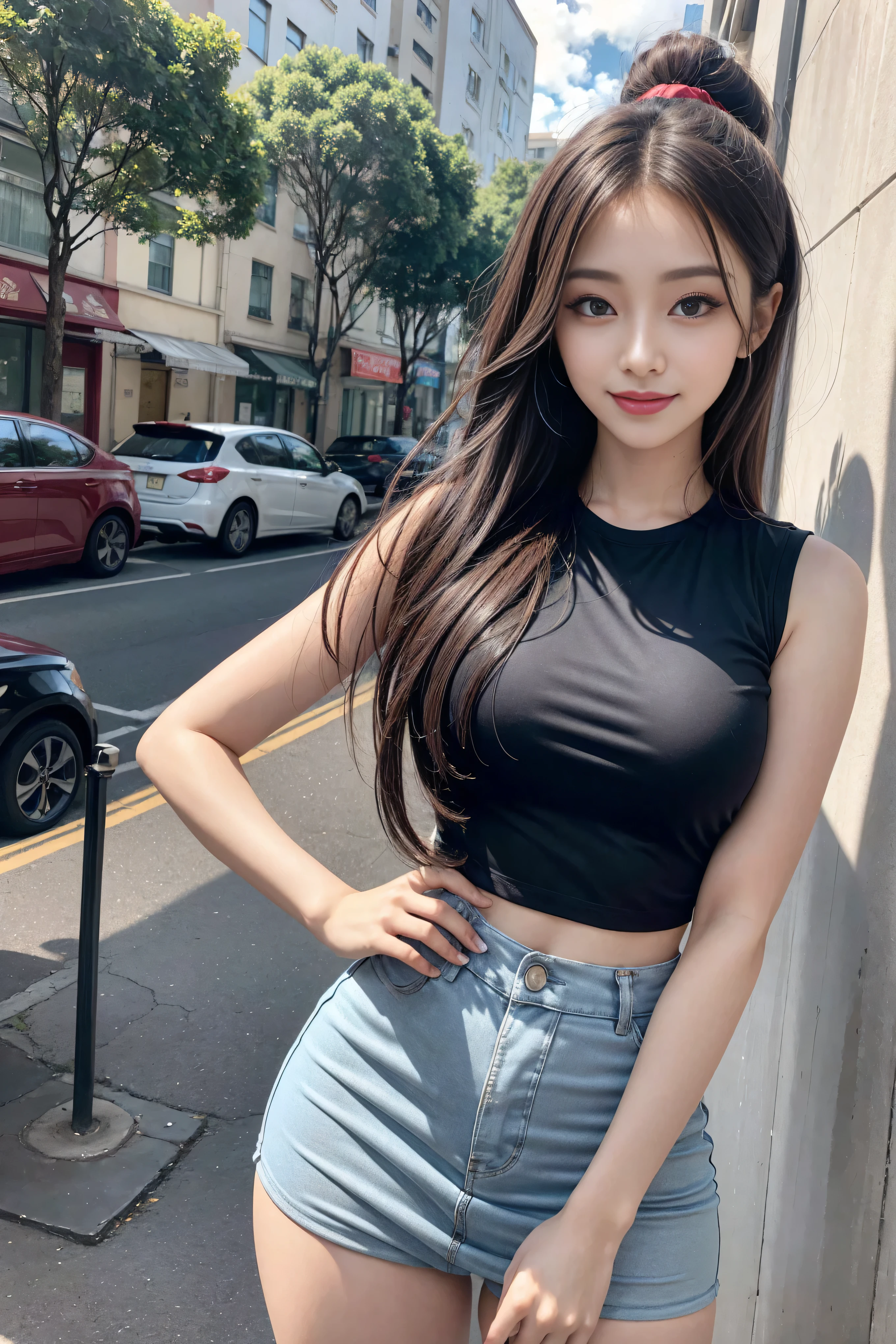 masterpiece, top-quality, 1 beautiful girl, (Detailed beautiful eyes), ((Detailed skin)) , ((Detailed medium hair)), A beautiful girl in black crop top and ripped jeans oversize, colorfull, RAW photos, Camera angle behind, sitting outside the coffee,  CG rendering, Blurred background, deep shadow,  16K, bokered,   Very detailed, wallpaper, depth of field, movie light, Ray tracing.