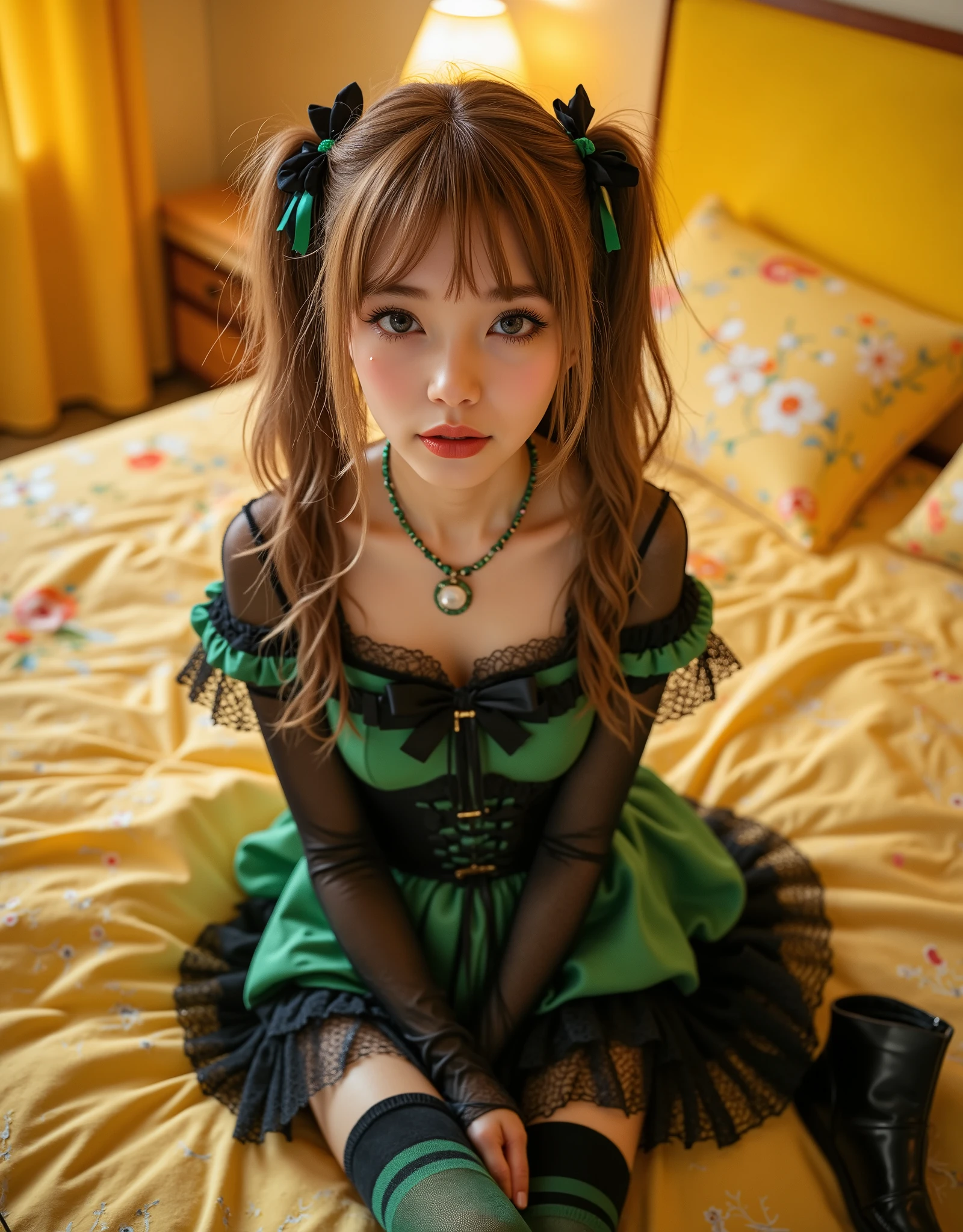 (Canon), (EOS R5), (50mm), ((( photorealistic:1.5))), (No lens flare :1.5), ((超 high resolution)), ( Masterpiece), accurate,( is presentな質感の肌), Super Detail, high detail, high quality , Award-winning work , 最 high quality, 32K, depth of coverage, digital camera, award-winning glamour photo , professional lighting,(SFW), ((最 high quality:1.5)), (( Masterpiece:1.5)), (( is present)), high resolution, is presentな影, Roughness, Real Life,(( very beautiful and cute single Japanese woman :1.5)), (( The cuteness of Japan's top idol )), ((Upper body shot seen obliquely from the front :1.5)), ( upper body shot seen from the side :1.2), (( upper body shot from head to knee :1.8)), (( cute 18-year-old Japanese high school girl )), 1 girl, (( very cute gothic ta girl )), Beautiful and adorable bedroom , ( sitting on a bed), are looking at this, ( curls that hang gracefully in green and black double knot hair and green ribbons), (( wearing a green and black gothic Lolityle dress )), with lots of frills , green socks with black stripes up to the thigh , There are times when a black leather short boo is placed next to the bed , dreamy and shy expression , Attractive cuteness , seductive pose holding hands, Height: 160cm, slim figure, beautiful shaped big bust , F Cup, cleavage of bust visible, (( very cute smile with little teeth visible :1.5)), ( alone:1.5), (Only one person in the bedroom), ( show your hands as little as possible ), ( brown eyes:1.9), ( Detailed depiction of extremely realistic skin ), (Highly detailed, realistic eyes:1.9), ( extremely beautiful long realistic eyelashes ), (Highly detailed, realistic eyebrows), (丸い brown eyes :1.8), ( beautiful catchlight on the eyes), (Realistic lips with moisture ), ( white realistic teeth neatly lined up ), ( Beautiful and Detailed Face :1.6), ( hourglass figure :1.6), (Wasp waist :1.5), ( Perfectly round and beautifully shaped bust :1.8), ( clearly contoured cheekbones :1.5), ( perfect style body :1.8), (Healthy body :1.8), (Narrow shoulders:1.9), ( is staring at the viewer), ( Seductive Gaze ), (Beautiful, natural-looking hands), ( Beautiful yellow nails with a beautiful length ), ( playful and curious posture ), YELLOW THEMED BEDROOM , ( The whole room is all yellow ), Yellow Wall, YELLOW CEILING , yellow floor , I have a green pillow with a floral pattern on my fluffy yellow bed , Floral yellow bed sheets , Yellow curtains with floral patterns , YELLOW FURNITURE , SOFT YELLOW LIGHTING , ( Dreamy Cozy), fantasy style, Glow effect, ((Pretty bright dynamic lighting )),
