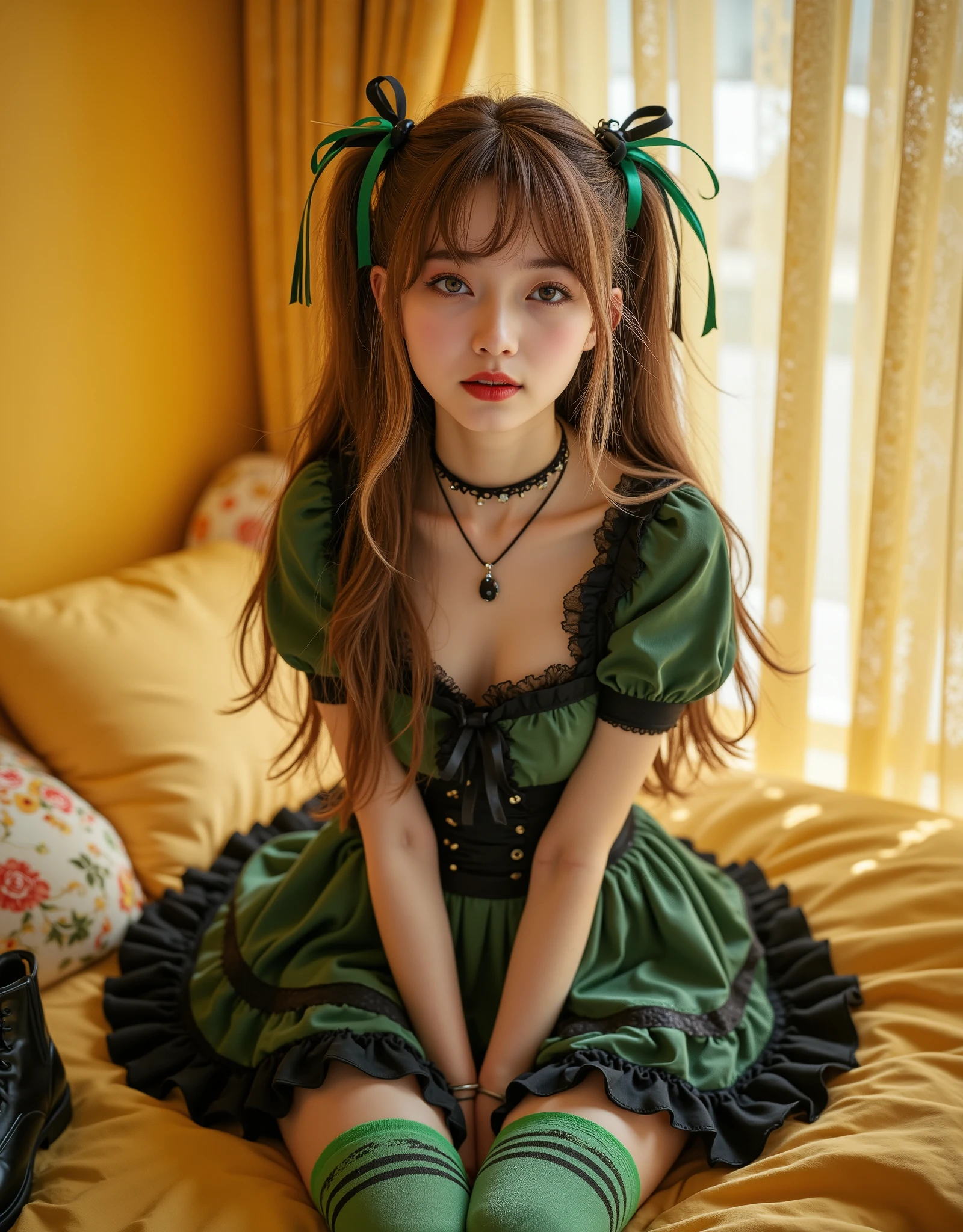 (Canon), (EOS R5), (50mm), ((( photorealistic:1.5))), (No lens flare :1.5), ((超 high resolution)), ( Masterpiece),  accurate,( is presentな質感の肌),  Super Detail,  high detail,  high quality ,  Award-winning work , 最 high quality, 32K,  depth of coverage,  digital camera,  award-winning glamour photo  ,  professional lighting,(SFW), ((最 high quality:1.5)), (( Masterpiece:1.5)), (( is present)),  high resolution, is presentな影, Roughness, Real Life,(( very beautiful and cute single Japanese woman :1.5)), (( The cuteness of Japan's top idol )), ((Upper body shot seen obliquely from the front :1.5)), ( upper body shot seen from the side :1.2), (( upper body shot from head to knee :1.8)), (( cute 18-year-old Japanese high school girl )),  1 girl, (( very cute gothic ta girl )), Beautiful and adorable bedroom , ( sitting on a bed),  are looking at this, ( curls that hang gracefully in green and black double knot hair and green ribbons), (( wearing a green and black gothic Lolityle dress )),  with lots of frills ,  green socks with black stripes up to the thigh ,  There are times when a black leather short boo is placed next to the bed ,  dreamy and shy expression , Attractive cuteness ,  seductive pose holding hands, Height: 160cm,  slim figure,  beautiful shaped big bust , F Cup,  cleavage of bust visible, (( very cute smile with little teeth visible :1.5)), ( alone:1.5), (Only one person in the bedroom), ( show your hands as little as possible ), ( brown eyes:1.9), ( Detailed depiction of extremely realistic skin ), (Highly detailed, realistic eyes:1.9), ( extremely beautiful long realistic eyelashes ), (Highly detailed, realistic eyebrows), (丸い brown eyes :1.8), ( beautiful catchlight on the eyes), (Realistic lips with moisture ), ( white realistic teeth neatly lined up ), ( Beautiful and Detailed Face :1.6), ( hourglass figure :1.6), (Wasp waist :1.5), ( Perfectly round and beautifully shaped bust :1.8), ( clearly contoured cheekbones  :1.5), ( perfect style body  :1.8), (Healthy body :1.8), (Narrow shoulders:1.9), ( is staring at the viewer), ( Seductive Gaze ), (Beautiful, natural-looking hands), ( Beautiful yellow nails with a beautiful length ), ( playful and curious posture ),  YELLOW THEMED BEDROOM , ( The whole room is all yellow ), Yellow Wall, YELLOW CEILING , yellow floor ,  I have a green pillow with a floral pattern on my fluffy yellow bed ,  Floral yellow bed sheets , Yellow curtains with floral patterns ,  YELLOW FURNITURE ,  SOFT YELLOW LIGHTING , ( Dreamy Cozy),   fantasy style, Glow effect, ((Pretty bright dynamic lighting )),
