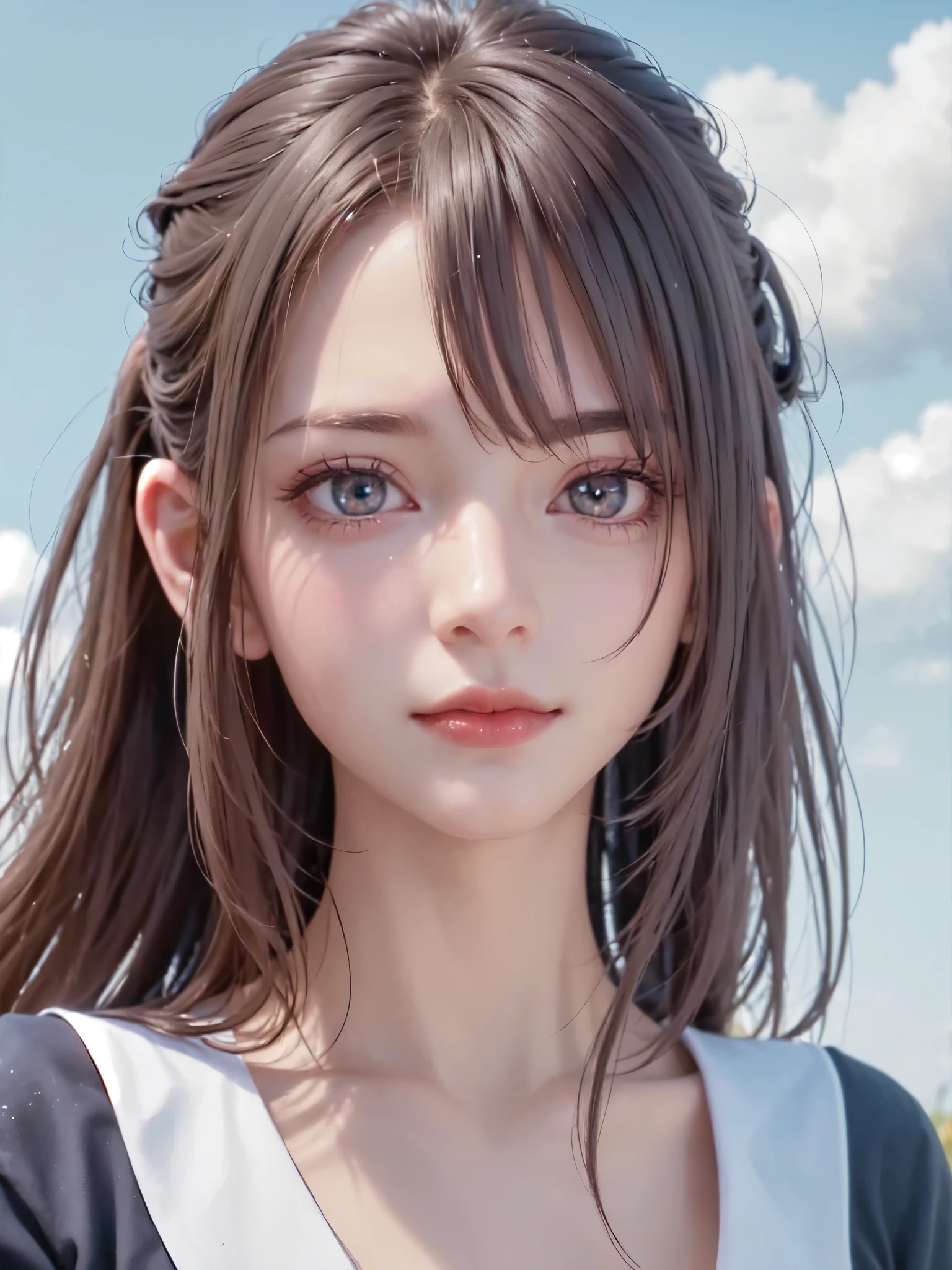 One Girl,(One very cute girl:1.3),masterpiece,Highest quality,High resolution,Photorealistic,RAW Photos,Ray Tracing,beautiful girl,(:1.3),cute,Big eyes,(detailed pupils:1.2),(The face is facing straight ahead:1.3),Body facing forward,Beautiful nose,Fuller lips,Short black hair,ponytail,short hair,Detailed eyelashes,Thin eyebrows,Very fine grain definition,(Symmetrical eyes:1.3),(Face close-up,Face Focus:1.0),Small breasts,White and navy blue sailor suit,uniform,grassland,Blue sky and white clouds,Portrait,View Viewer,From below,Cinema Lighting,High resolution,Very detailed