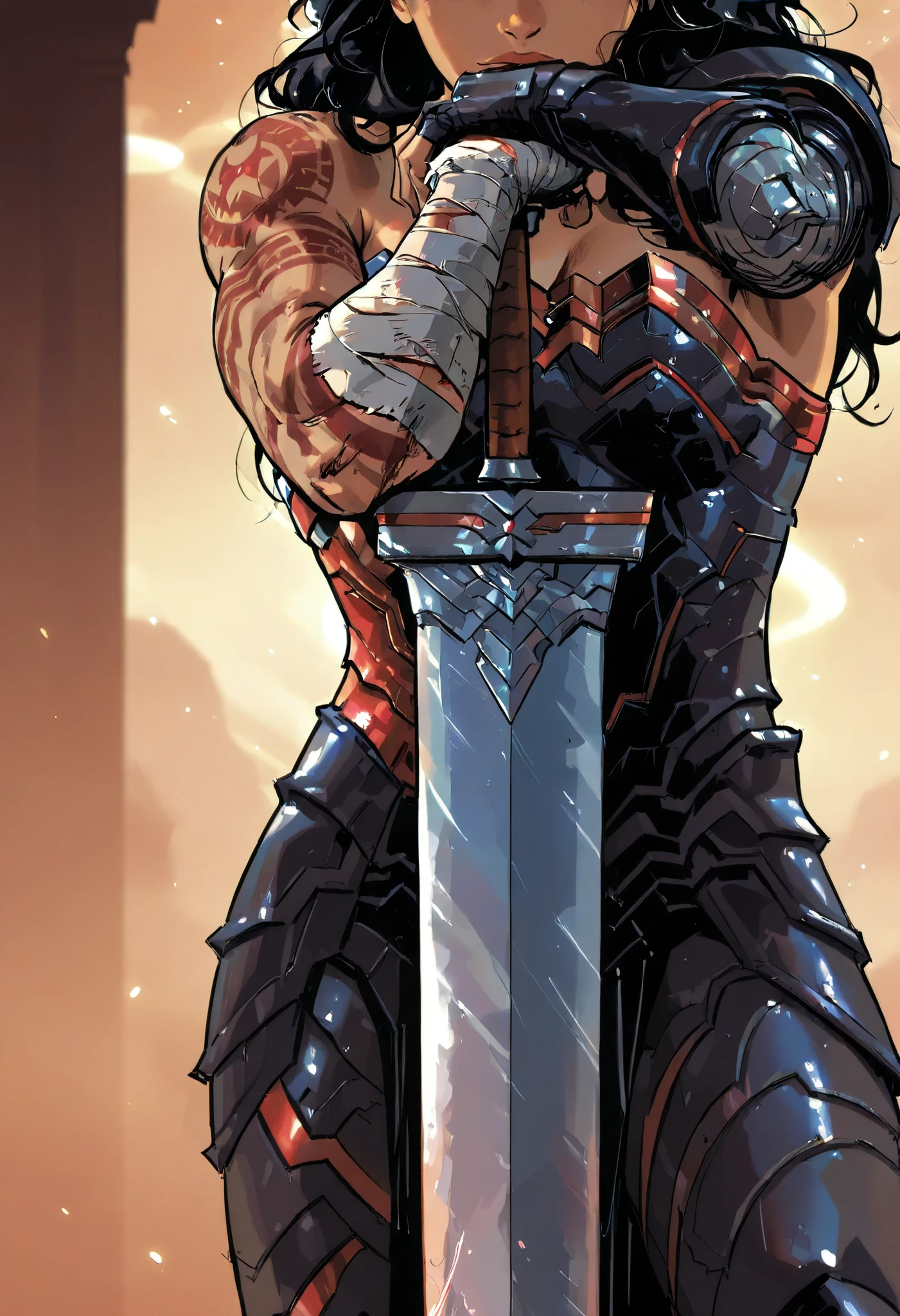Ultimate wonder woman, sexy, seducive, erotic, epic, Giant sword, leaning on her sword , red tattoo and bandage on her right arm, armored left arm, red gray and black armor, close, detail, 4k, lightly muscular woman