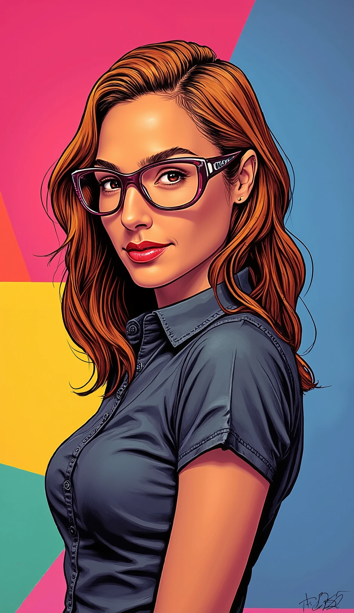 discreet image. with discreet casual wear and glasses. , American, comic style. SHE IS HAPPY AND GRATEFUL , with a discreet smile . IMAGES WITH VIBRANT COLORS . with colorful background