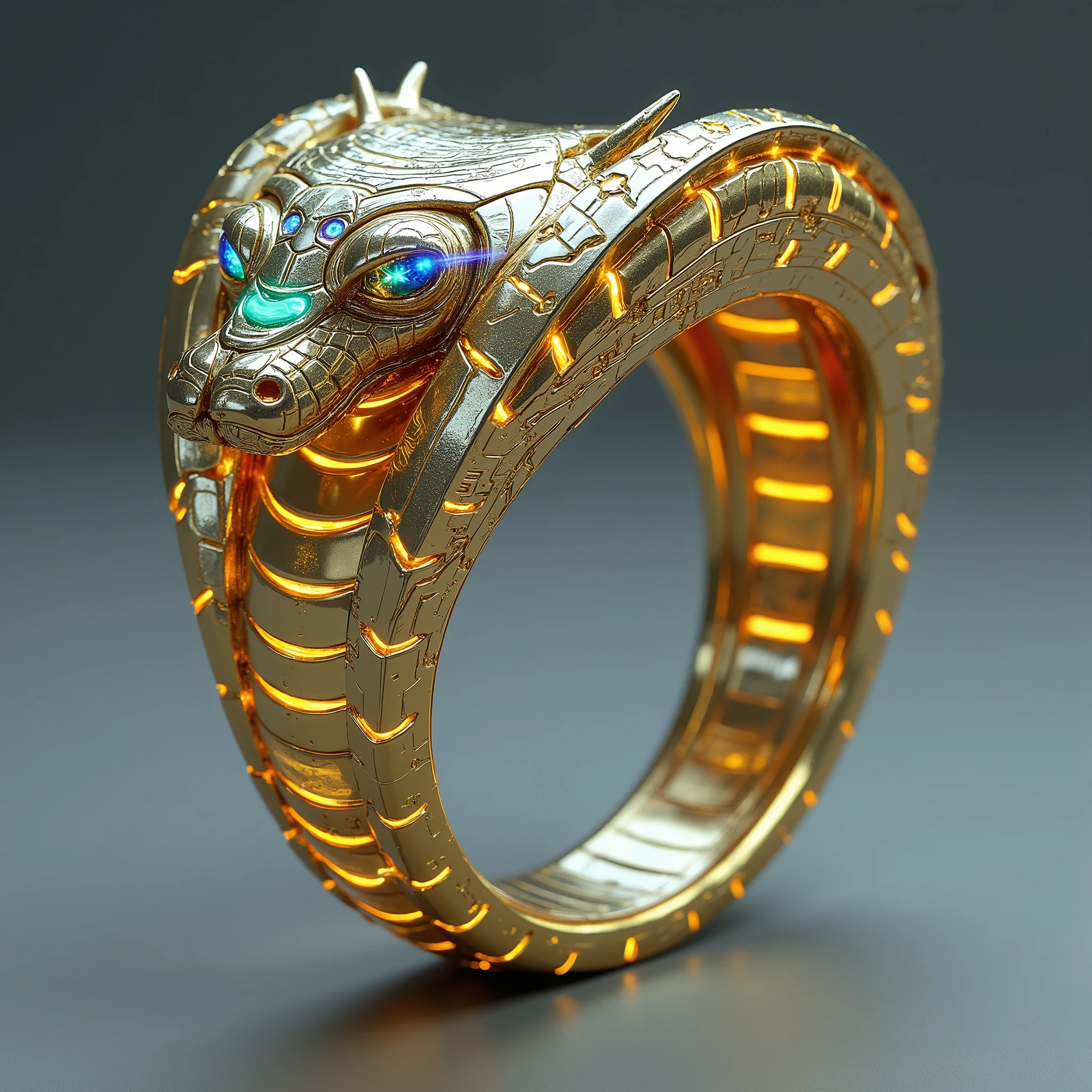 12 zodiac snake ring, incorporating the distinct characteristics of a king cobra, blending traditional symbolism with futuristic tech aesthetics. The snake's form is bold and striking, with an elegant yet menacing aura. The body coils around the finger, its design inspired by the iconic spread of the king cobra’s hood, where the scales are intricately engraved with metallic circuit-like patterns. The hood itself is elevated in design, creating a three-dimensional effect that captures both the natural grandeur of the snake and the sleek sophistication of modern technology.The band is a seamless blend of radiant golden and metallic hues, featuring hollow elements along the snake’s body, giving a sense of lightness and futuristic transparency. Within the hollow spaces, glowing lines run in geometric patterns, simulating a high-tech, energy-infused vibe. The king cobra’s head is the centerpiece of the ring, with piercing gem-like eyes that glow with an electric blue or neon green hue, evoking a sense of intelligence and power. The overall structure is impeccably symmetrical, with a perfect balance of smooth curves and sharp edges, exuding both luxury and advanced technological finesse.