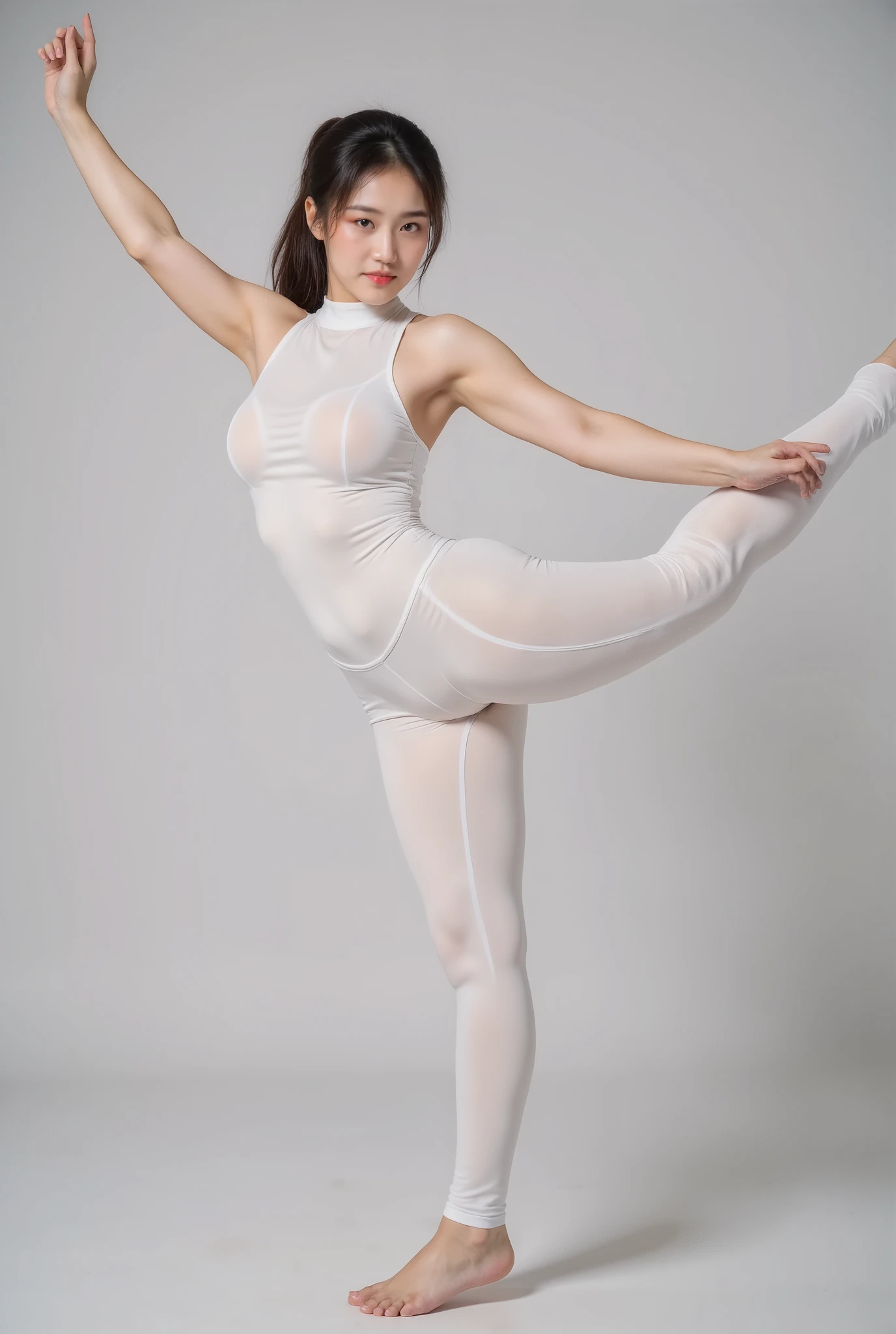 (((((Standing Splits:1.6))))),Best quality at best, full-body portraits, delicated face, Nice face, slimfigure, White skinny yoga suit, White skinny yoga pants,sweat leggs,black ponytail,Cute big breasts,Fitness gym,ssmile,Get up,Pose gracefully,BIG ass,
