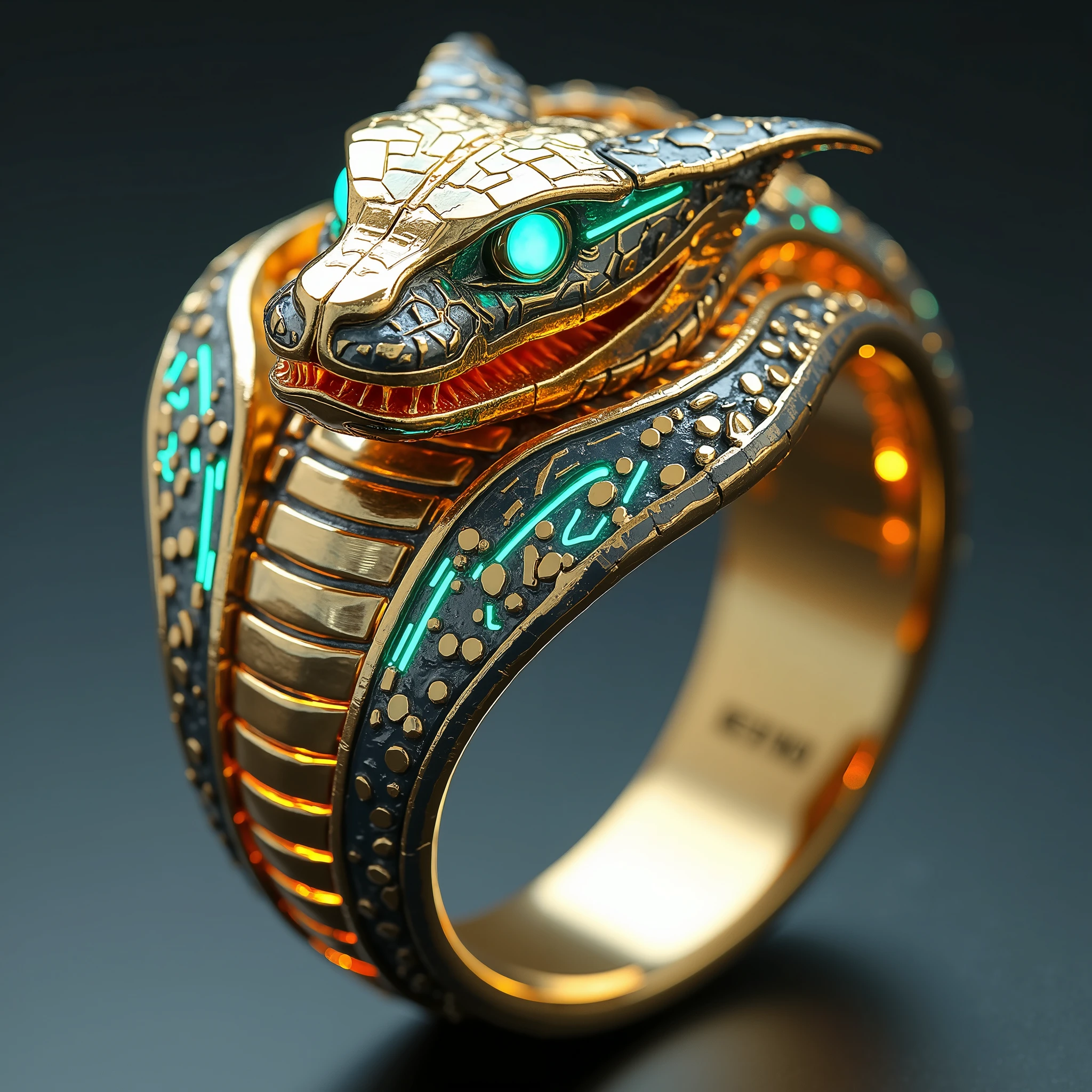 12 zodiac snake ring, incorporating the distinct characteristics of a king cobra, blending traditional symbolism with futuristic tech aesthetics. The snake's form is bold and striking, with an elegant yet menacing aura. The body coils around the finger, its design inspired by the iconic spread of the king cobra’s hood, where the scales are intricately engraved with metallic circuit-like patterns. The hood itself is elevated in design, creating a three-dimensional effect that captures both the natural grandeur of the snake and the sleek sophistication of modern technology.The band is a seamless blend of radiant golden and metallic hues, featuring hollow elements along the snake’s body, giving a sense of lightness and futuristic transparency. Within the hollow spaces, glowing lines run in geometric patterns, simulating a high-tech, energy-infused vibe. The king cobra’s head is the centerpiece of the ring, with piercing gem-like eyes that glow with an electric blue or neon green hue, evoking a sense of intelligence and power. The overall structure is impeccably symmetrical, with a perfect balance of smooth curves and sharp edges, exuding both luxury and advanced technological finesse.