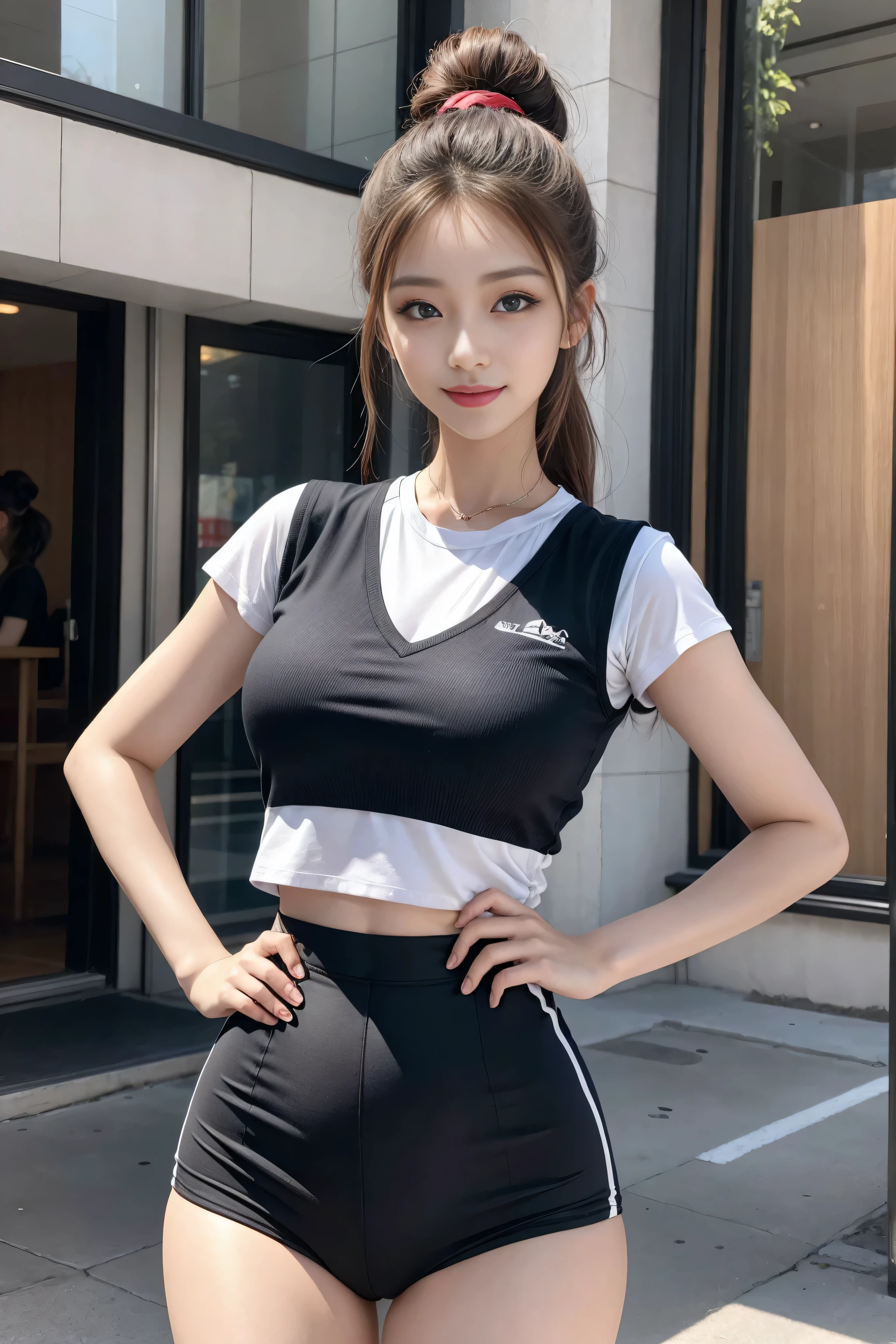 Best quality, full body portrait, delicate face, 18-year-old girl, slim body, small bust, tight sportswear, gymnasium scene, standing upright