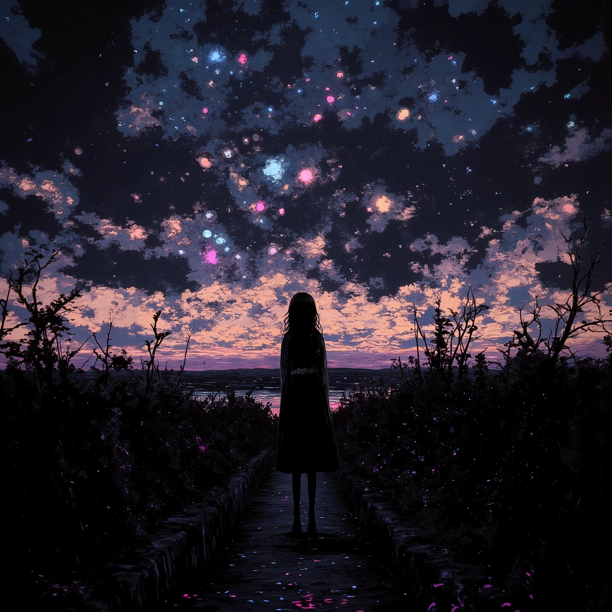   manga style digital illustration:1.5, broken sky  ,  Dramatic sky ,   Apocalyptic sky   ,  Конец lightа , Dark Clouds,  dramatic lighting,    creepy atmosphere   ,  movie, Dull color , sullen,  Dark, atmosphere ,  Complex cloud shapes  ,   textured clouds   , light,    surround lighting  ,   realistic, photo  realistic,  very detailed , 8 k,  masterpiece,  one girl standing in line alone 