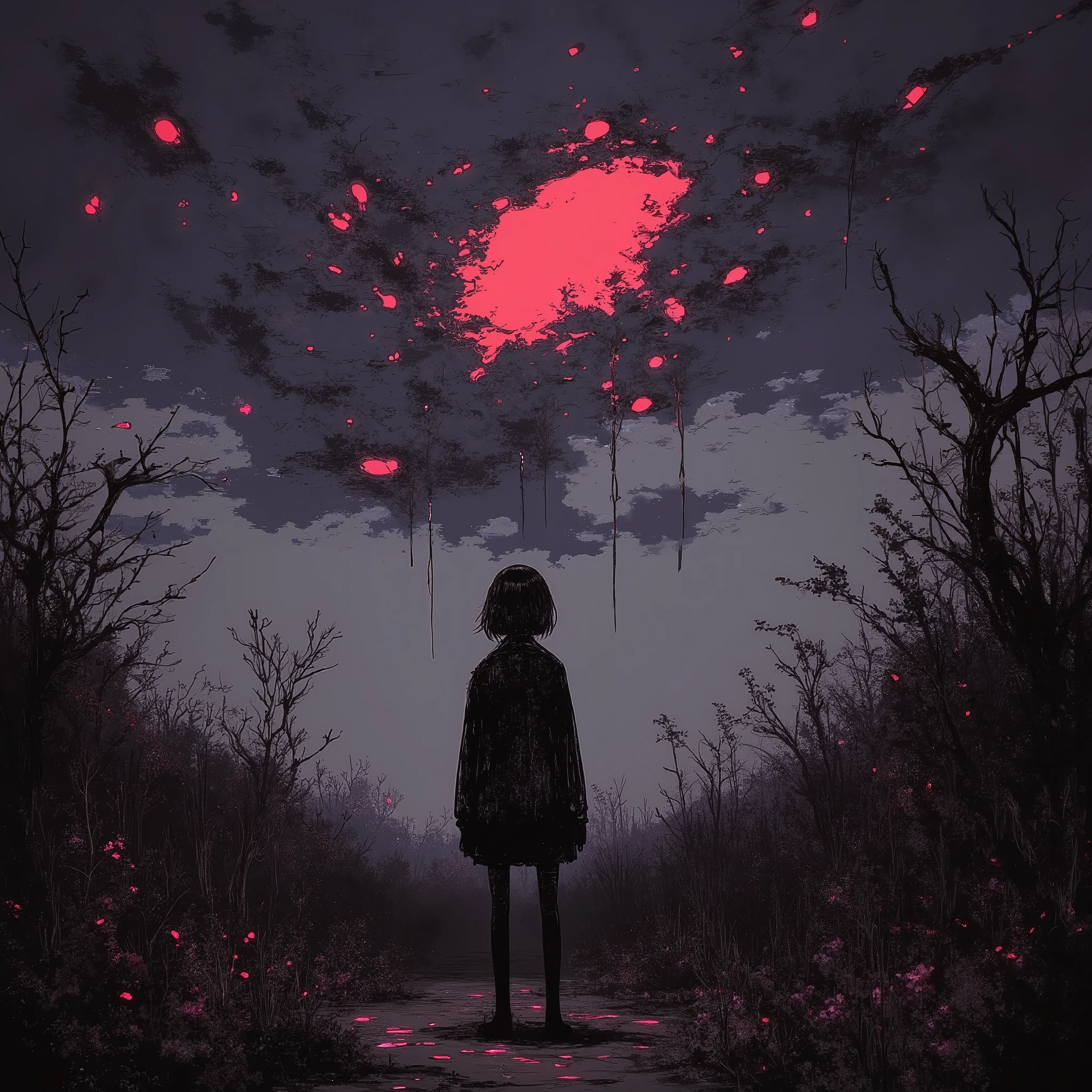manga style digital illustration:1.5, broken sky , Dramatic sky , Apocalyptic sky , Конец lightа , Dark Clouds, dramatic lighting, creepy atmosphere , movie, Dull color , sullen, Dark, atmosphere , Complex cloud shapes , textured clouds , light, surround lighting , realistic, photo realistic, very detailed , 8 k, masterpiece, one girl standing in line alone