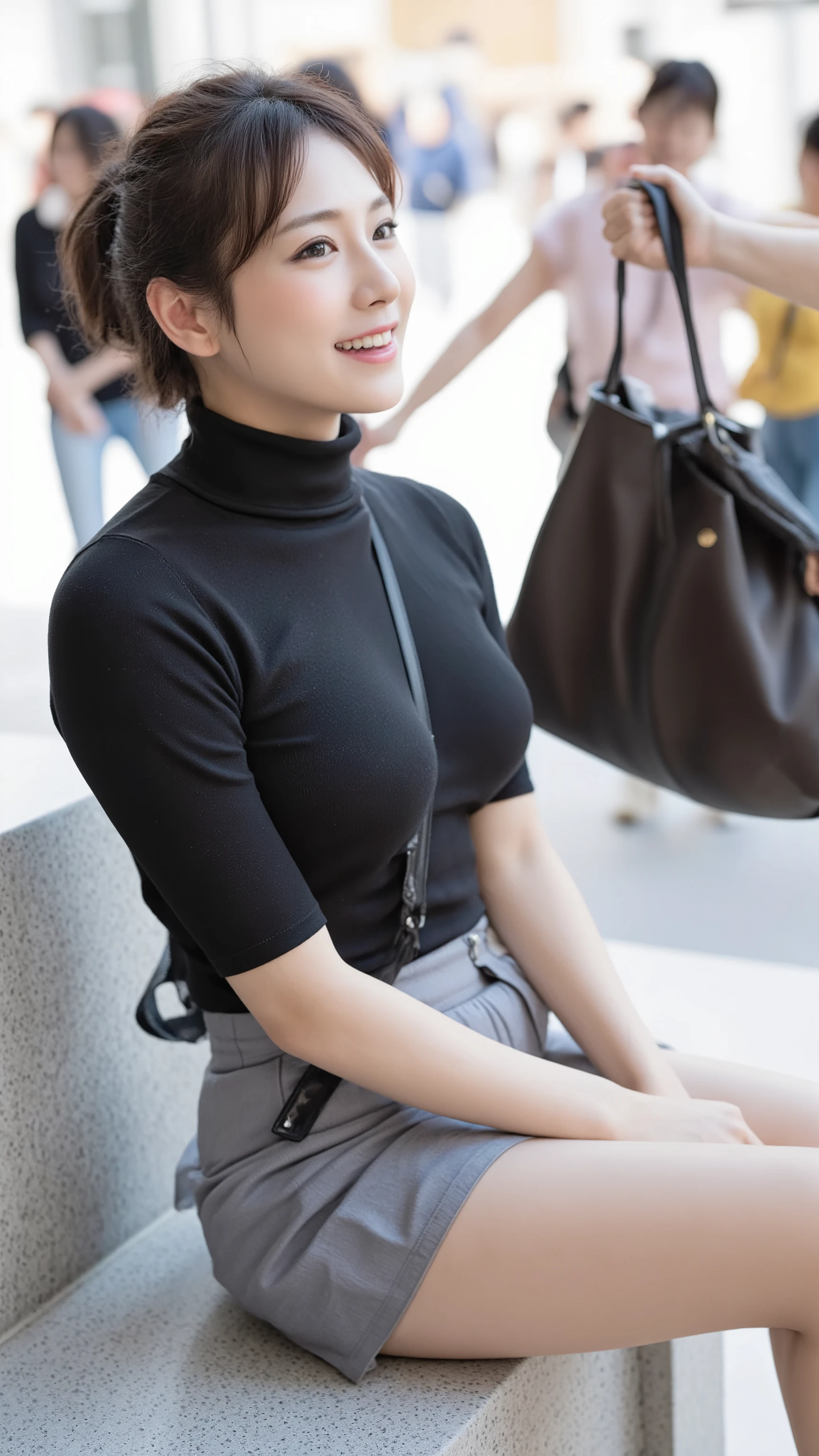 8K、超A high resolution、The ultra -The high-definition、An ultra-high picture quality、Ultrarealistic、Best Quality、masuter piece)(a Pretty Japanese woman、Blonde short bob:1.1)(Colossal tits、Toned body:1.5)(Officelady、White Sleeveless Turtleneck、Gray tight skirt、high-heels、Hide all breasts、Draw from the front:1.38)In the office district、(open your legs quite wide to the sides、Sit on a chair with your knees bent to the side.:1.18),(((Being conscious of the sexual gaze of middle-aged men)))、Service Shots、Spread legs,