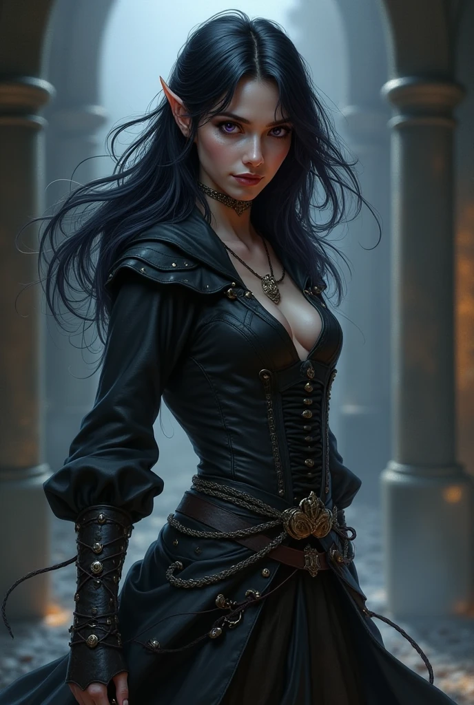 a detailed image of Vengerberg's character Yennefer, played by actress Anya Chalotra, with a piercing and intense gaze. Her black hair in the wind, dancing with the magical energy that surrounds her. Wearing Yennefer's iconic and original outfit, every detail is meticulously depicted. The image depicts Yennefer full-length in a background of a medieval city fleeing in flames, symbolizing the chaos and destruction that surrounds her --auto --s2