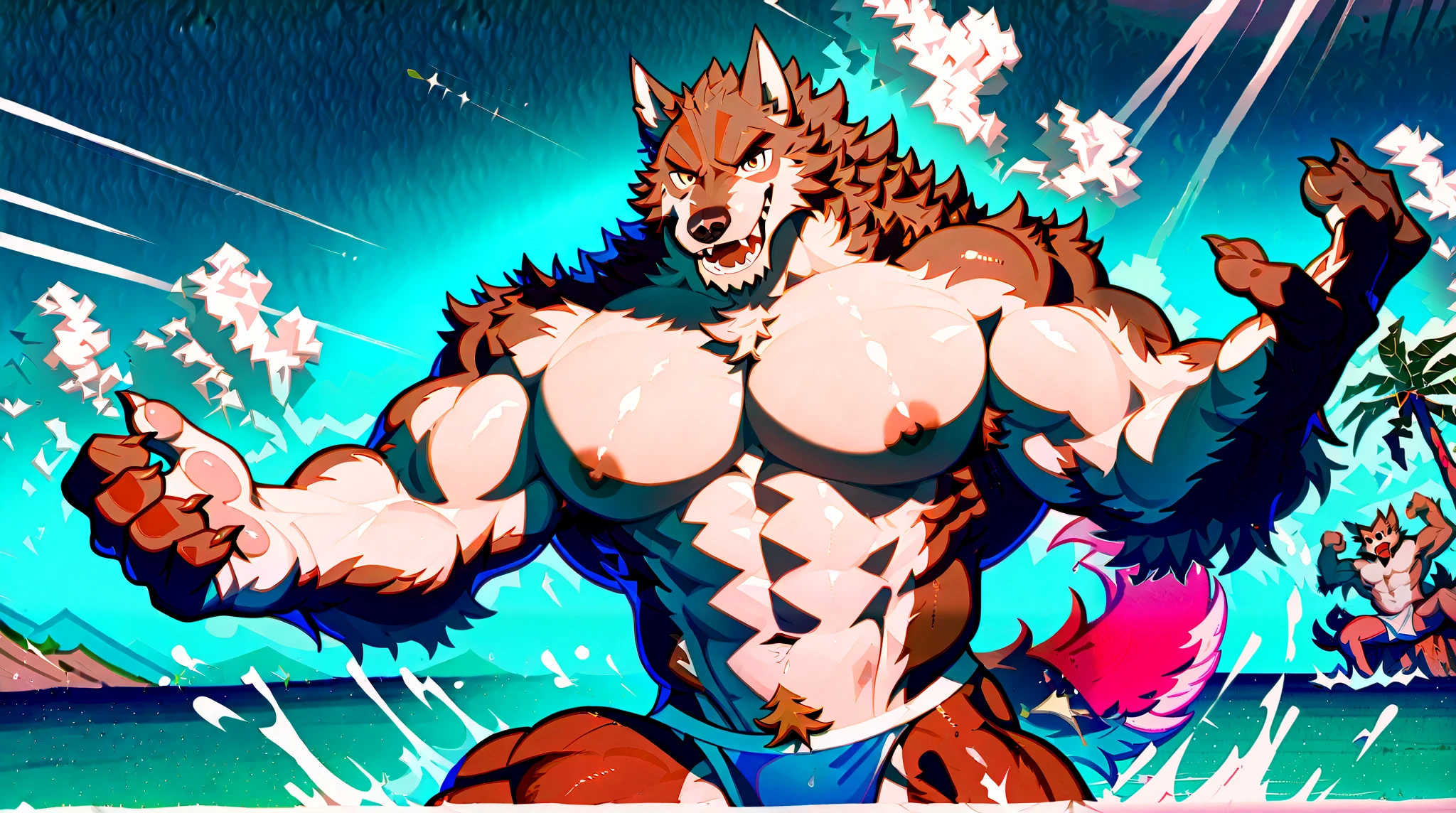 Talk about dragons with lifebuoys in a sea of water,  Shingei's conceptual art ,  Pixiv Contest Winner ,  furry art ,  muscular  werewolf, Super strong and cool , colorful  muscular  eldritch, Do a passionate pose,  muscular !!, SFW version, dog - faced  muscular  goblin,  furry boobs , The tsunami is behind him 