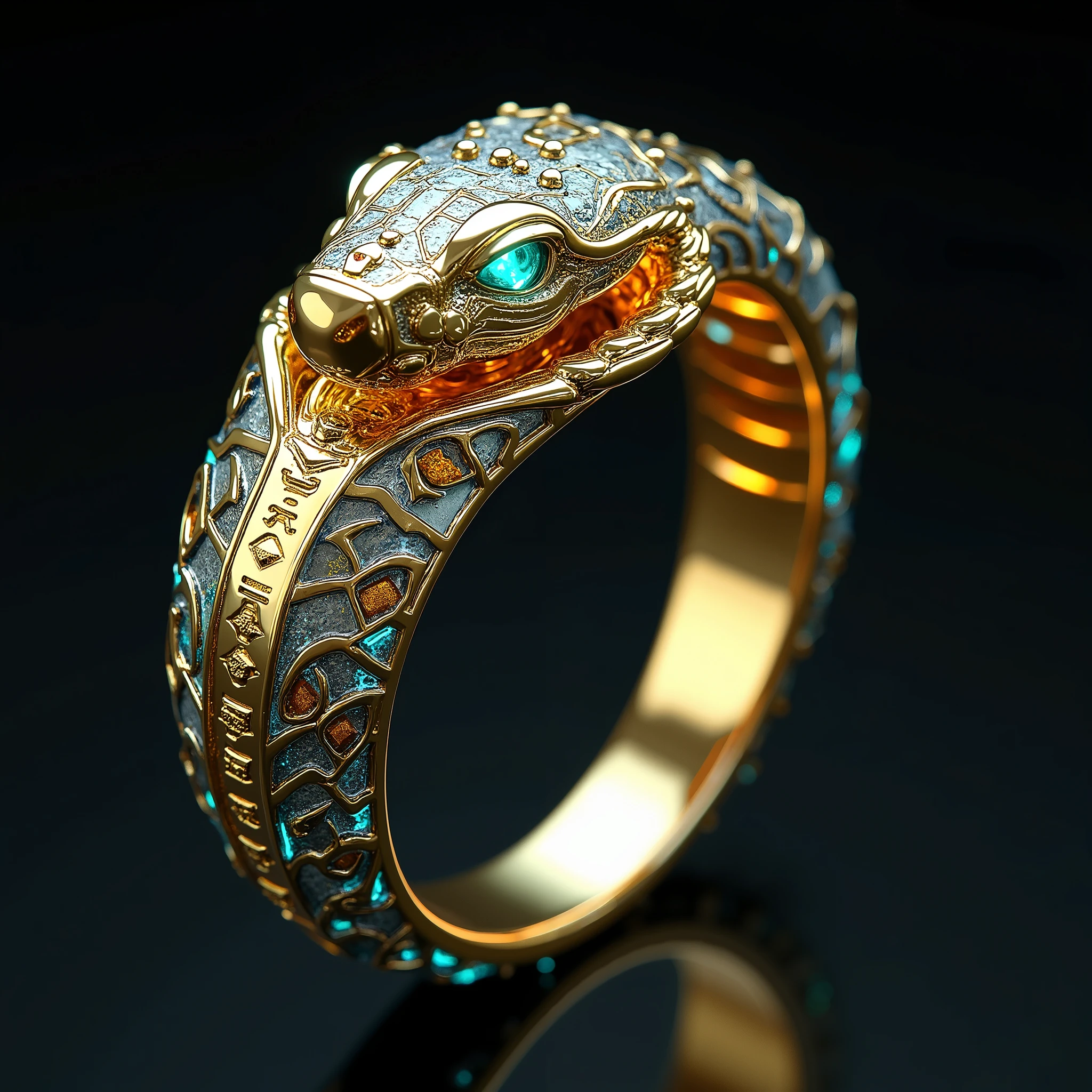 12 zodiac snake ring, incorporating the distinct characteristics of a king cobra, blending traditional symbolism with futuristic tech aesthetics. The snake's form is bold and striking, with an elegant yet menacing aura. The body coils around the finger, its design inspired by the iconic spread of the king cobra’s hood, where the scales are intricately engraved with metallic circuit-like patterns. The hood itself is elevated in design, creating a three-dimensional effect that captures both the natural grandeur of the snake and the sleek sophistication of modern technology.The band is a seamless blend of radiant golden and metallic hues, featuring hollow elements along the snake’s body, giving a sense of lightness and futuristic transparency. Within the hollow spaces, glowing lines run in geometric patterns, simulating a high-tech, energy-infused vibe. The king cobra’s head is the centerpiece of the ring, with piercing gem-like eyes that glow with an electric blue or neon green hue, evoking a sense of intelligence and power. The overall structure is impeccably symmetrical, with a perfect balance of smooth curves and sharp edges, exuding both luxury and advanced technological finesse.