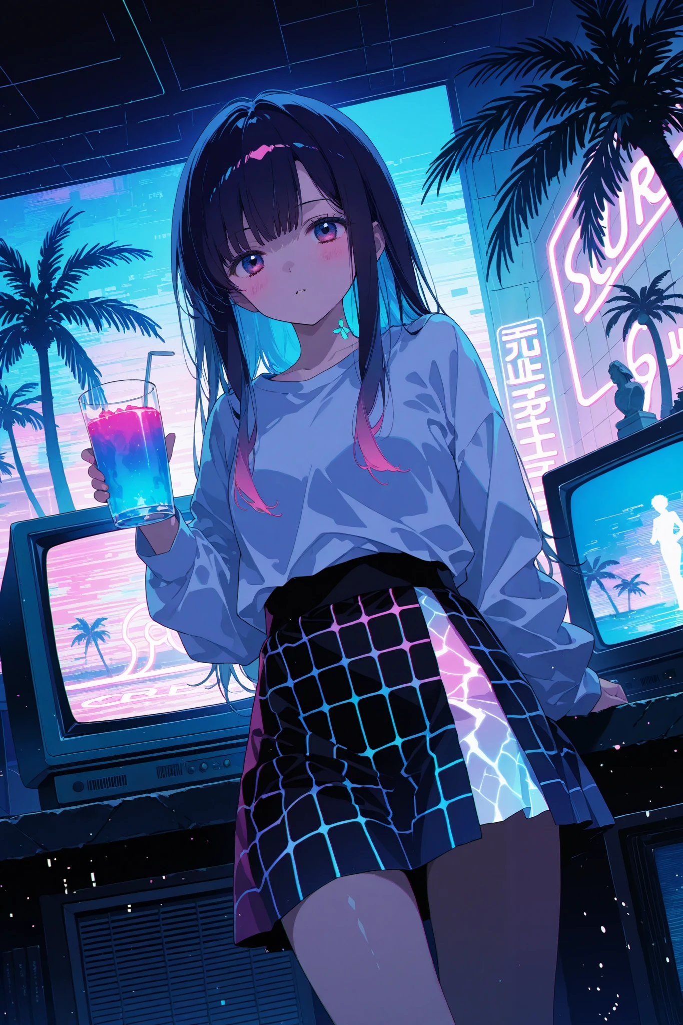 dynamic angle, vaporwave aesthetic, retro-futuristic theme, pastel neon color palette (pink, blue, purple), long black hair with neon highlights, grid-patterned skirt, glowing drink, palm trees, CRT television, roman statue elements, digital glitch effects, chromatic aberration (red-blue shift), retro TV noise (VHS texture), glow effect (neon lighting), soft cyberpunk ambiance