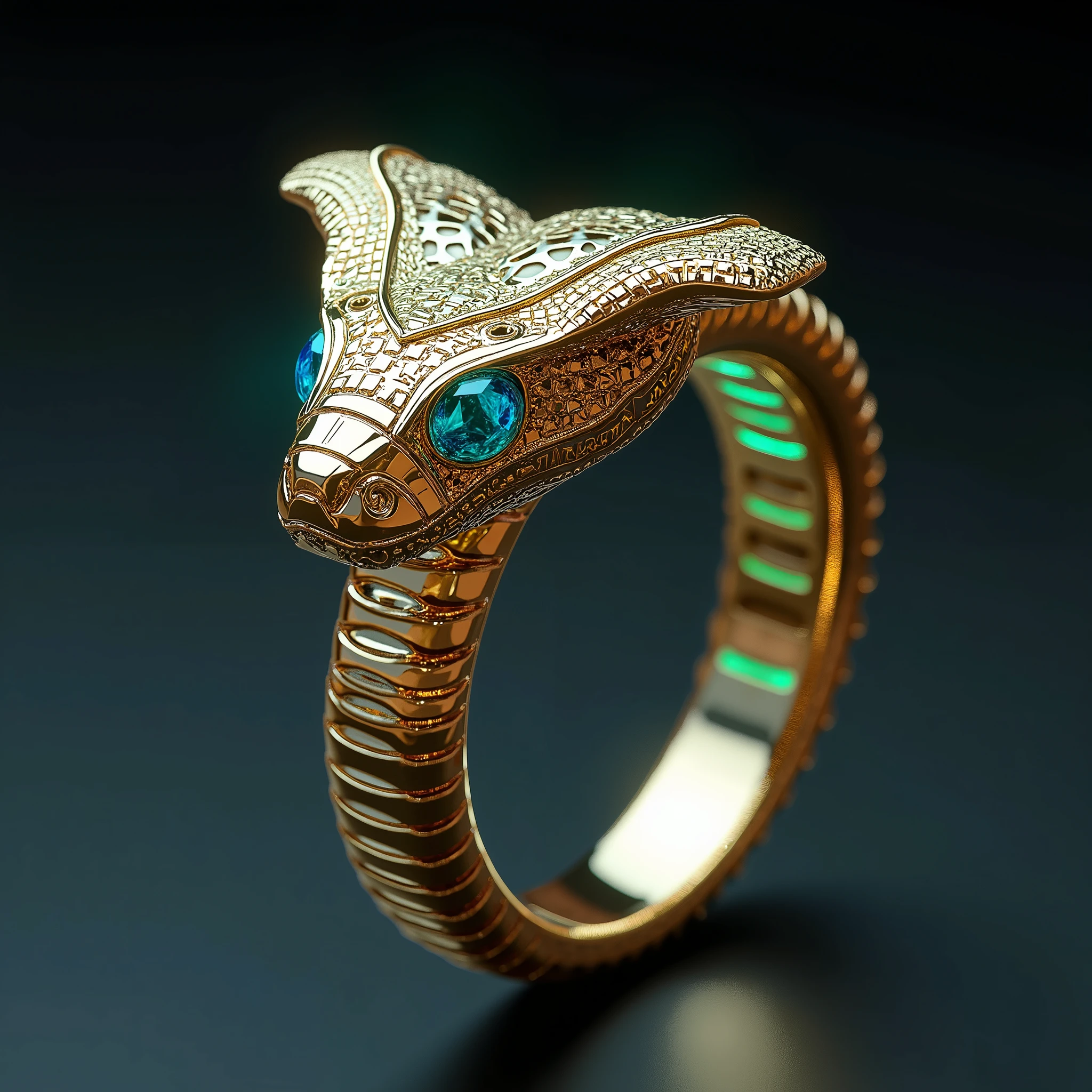 12 zodiac snake ring, incorporating the distinct characteristics of a king cobra, blending traditional symbolism with futuristic tech aesthetics. The snake's form is bold and striking, with an elegant yet menacing aura. The body coils around the finger, its design inspired by the iconic spread of the king cobra’s hood, where the scales are intricately engraved with metallic circuit-like patterns. The hood itself is elevated in design, creating a three-dimensional effect that captures both the natural grandeur of the snake and the sleek sophistication of modern technology.The band is a seamless blend of radiant golden and metallic hues, featuring hollow elements along the snake’s body, giving a sense of lightness and futuristic transparency. Within the hollow spaces, glowing lines run in geometric patterns, simulating a high-tech, energy-infused vibe. The king cobra’s head is the centerpiece of the ring, with piercing gem-like eyes that glow with an electric blue or neon green hue, evoking a sense of intelligence and power. The overall structure is impeccably symmetrical, with a perfect balance of smooth curves and sharp edges, exuding both luxury and advanced technological finesse.