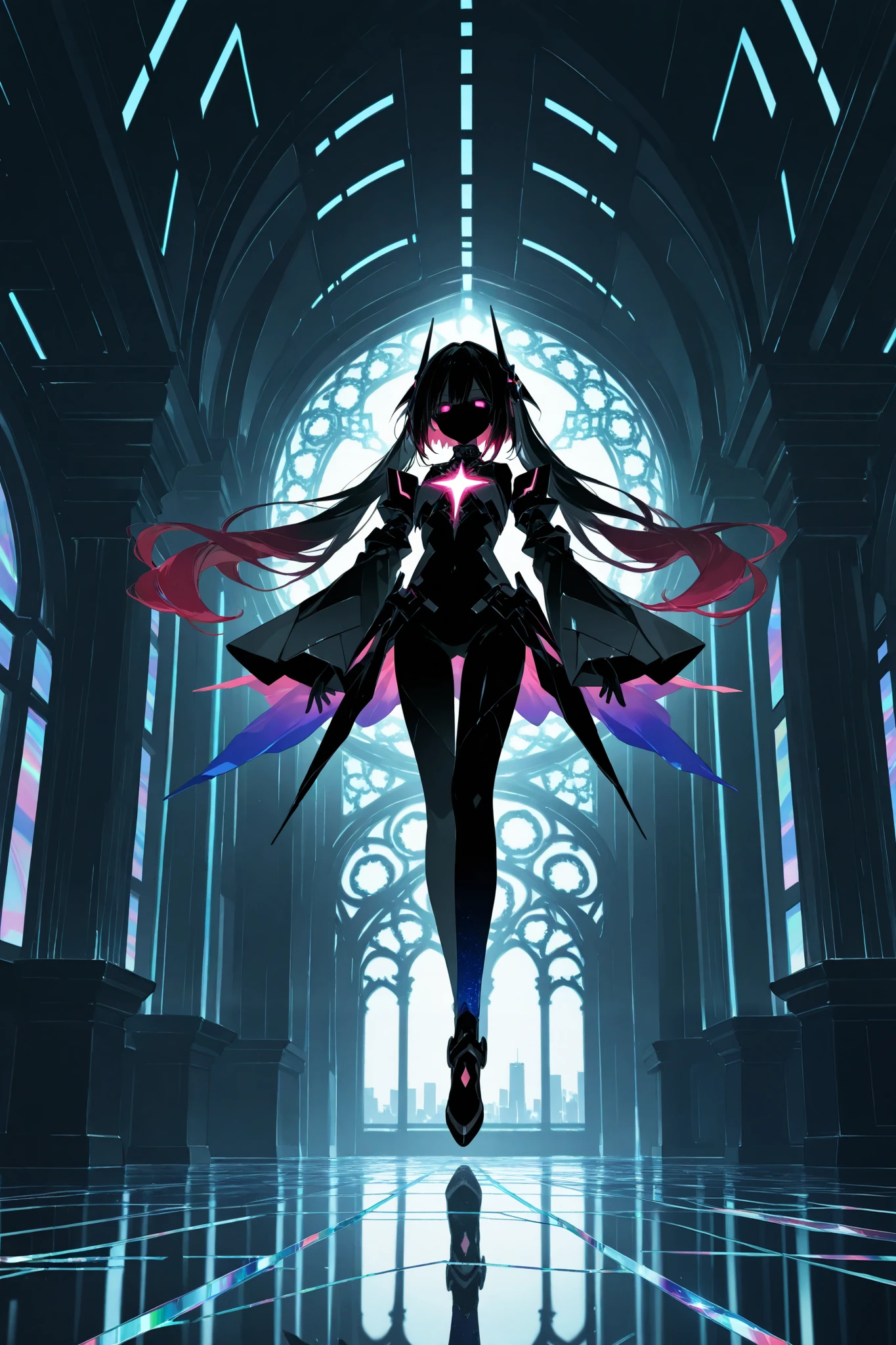 low poly style, polygonal character, geometric face and body, angular shapes, faceted shadows, cel shading, monochrome grisaille highlights, metallic paint accents, polygonal interior and furniture, geometric cityscape, bloom effect (soft glowing light), refraction effect (glass distortion), motion blur (unnatural smoothness), iridescent flow (colorful gradient on polygons)
