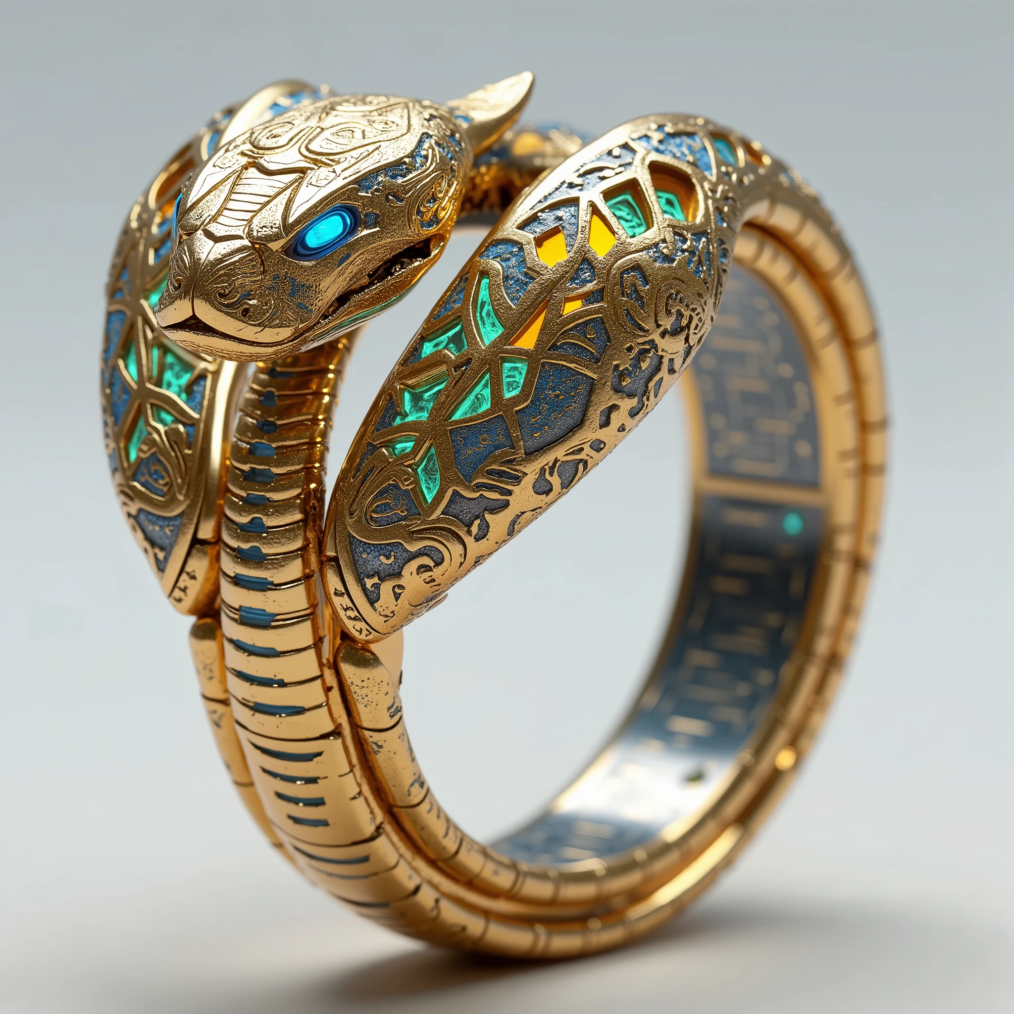 12 zodiac snake ring, incorporating the distinct characteristics of a king cobra, blending traditional symbolism with futuristic tech aesthetics. The snake's form is bold and striking, with an elegant yet menacing aura. The body coils around the finger, its design inspired by the iconic spread of the king cobra’s hood, where the scales are intricately engraved with metallic circuit-like patterns. The hood itself is elevated in design, creating a three-dimensional effect that captures both the natural grandeur of the snake and the sleek sophistication of modern technology.The band is a seamless blend of radiant golden and metallic hues, featuring hollow elements along the snake’s body, giving a sense of lightness and futuristic transparency. Within the hollow spaces, glowing lines run in geometric patterns, simulating a high-tech, energy-infused vibe. The king cobra’s head is the centerpiece of the ring, with piercing gem-like eyes that glow with an electric blue or neon green hue, evoking a sense of intelligence and power. The overall structure is impeccably symmetrical, with a perfect balance of smooth curves and sharp edges, exuding both luxury and advanced technological finesse.