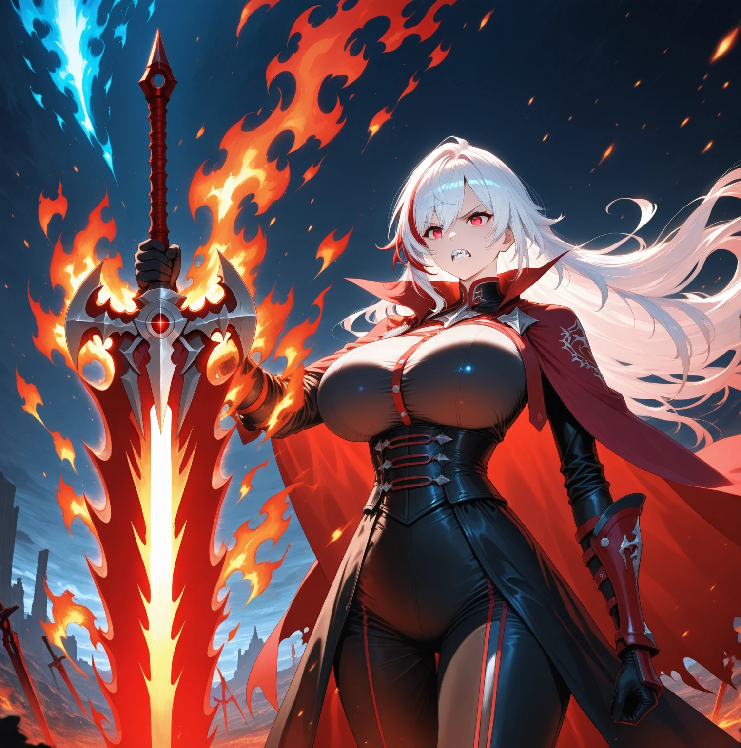 Hot busty milf warrior in tight armour fighting against ugly monsters with her shining lightning sword she cuts off the head of one of the monsters