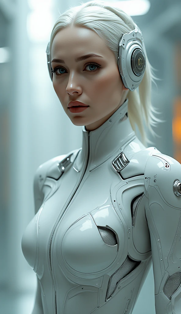 (best qualityer, ultra detali, photorrealistic: 1.39), bright and vibrant colors, studio lighting, romantic expression, white futuristic cyber clothes, platinum undercut, hair blonde, breasts small, adjusting, shorth hair, mercenary, sorriso sexy