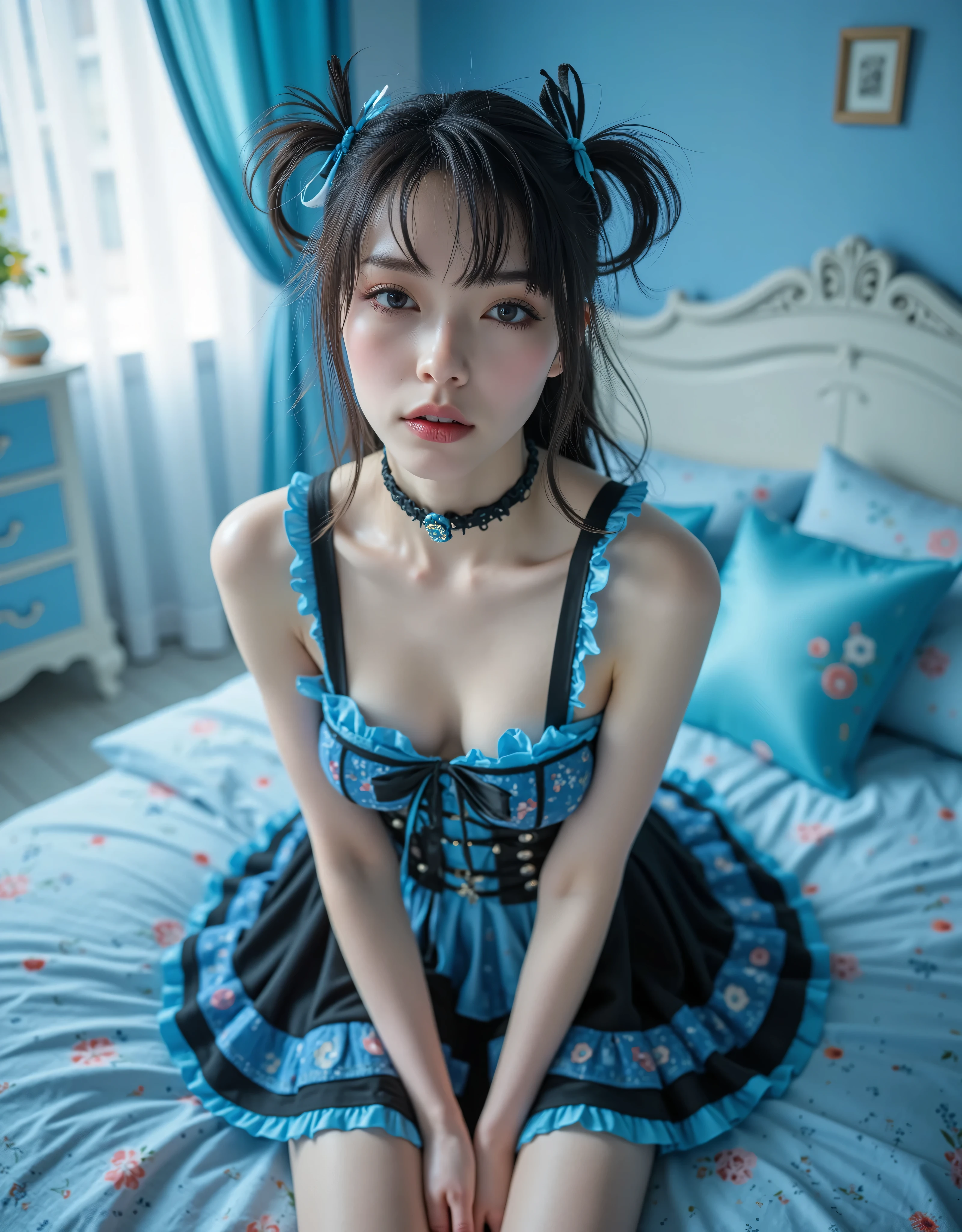 (Canon), (EOS R5), (50mm), ((( photorealistic:1.5))), (No lens flare :1.5), ((超 high resolution)), ( Masterpiece), accurate,( is present な質感の肌), Super Detail, high detail, high quality , Award-winning work , 最 high quality, 32K, depth of coverage, digital camera, award-winning glamour photo , professional lighting,(SFW), ((最 high quality:1.5)), (( Masterpiece:1.5)), (( is present )), high resolution, is present な影, Roughness, Real Life,(( very beautiful and cute single Japanese woman :1.5)), (( The cuteness of Japan's top idol )), ((Upper body shot seen obliquely from the front :1.5)), ( upper body shot seen from the side :1.2), (( upper body shot from head to knee :1.8)), (( cute 18-year-old Japanese high school girl )), 1 girl, (( very cute gothic lolita girl )), Beautiful and adorable bedroom , ( sitting on a bed), are looking at this, ( curls that hang gracefully in blue and black double knot hair and blue ribbons), ((She is wearing a blue and black gothic lolita-style dress)), with lots of frills , Blue socks with black stripes that reach down to her thighs, There are times when a black leather short boo is placed next to the bed , dreamy and shy expression , Attractive cuteness , seductive pose holding hands, Height: 160cm, slim figure, beautiful shaped big bust , F Cup, cleavage of bust visible, (( very cute smile with little teeth visible :1.5)), ( alone:1.5), (Only one person in the bedroom), ( show your hands as little as possible ), ( brown eyes:1.9), ( Detailed depiction of extremely realistic skin ), (Highly detailed, realistic eyes:1.9), ( extremely beautiful long realistic eyelashes ), (Highly detailed, realistic eyebrows), (丸い brown eyes :1.8), ( beautiful catchlight on the eyes), (Realistic lips with moisture ), ( white realistic teeth neatly lined up ), ( Beautiful and Detailed Face :1.6), ( hourglass figure :1.6), (Wasp waist :1.5), ( Perfectly round and beautifully shaped bust :1.8), ( clearly contoured cheekbones :1.5), ( perfect style body :1.8), (Healthy body :1.8), (Narrow shoulders:1.9), ( is staring at the viewer), ( Seductive Gaze ), (Beautiful, natural-looking hands), (Beautiful light blue nails of a beautiful length), ( playful and curious posture ), light blue themed bedroom , (The entire room is light blue), Light blue wall, Light blue ceiling , Light blue floor, Her fluffy light blue bed is set on a blue pillow with floral patterns, Light blue bed sheets with floral patterns, Light blue curtains with floral patterns, light blue furniture , soft light blue lighting , ( Dreamy Cozy), Fantasy Style, Glow effect, Bright dynamic lighting ,